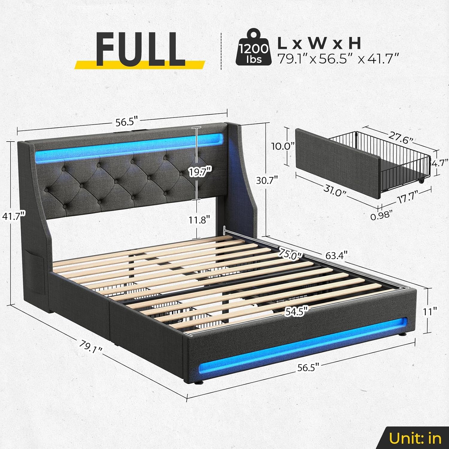 Rolanstar Full Bed Frame with LED Lights and Charging Station, Upholstered Bed with Drawers, Wooden Slats, Noise Free, Easy Assembly, Dark Gray