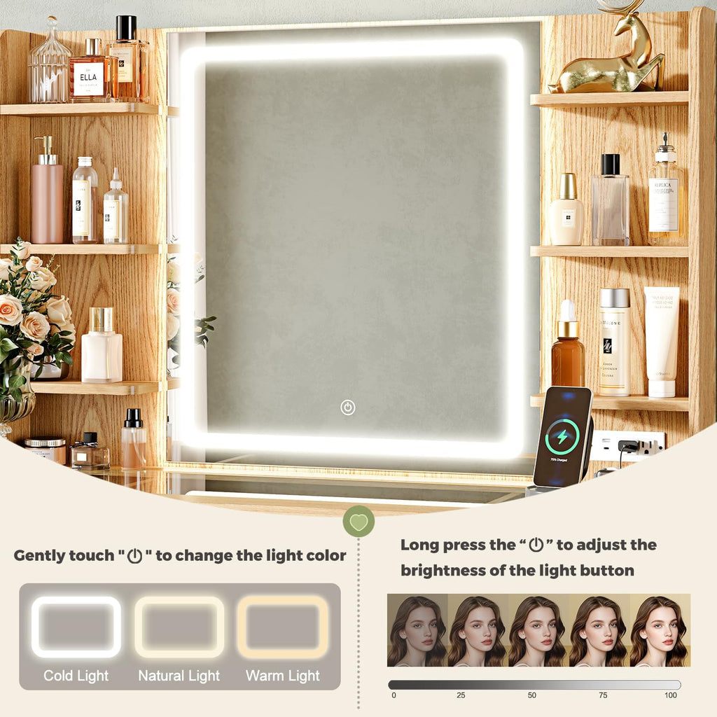 43" Makeup Vanity Desk with Mirror and Lights&Power Outl, 3 Adjustable Light Color,Glass Top Big Vanity Table with 9 Drawers & 6 Shelves,Girls Vanity for Bedroom, Oak