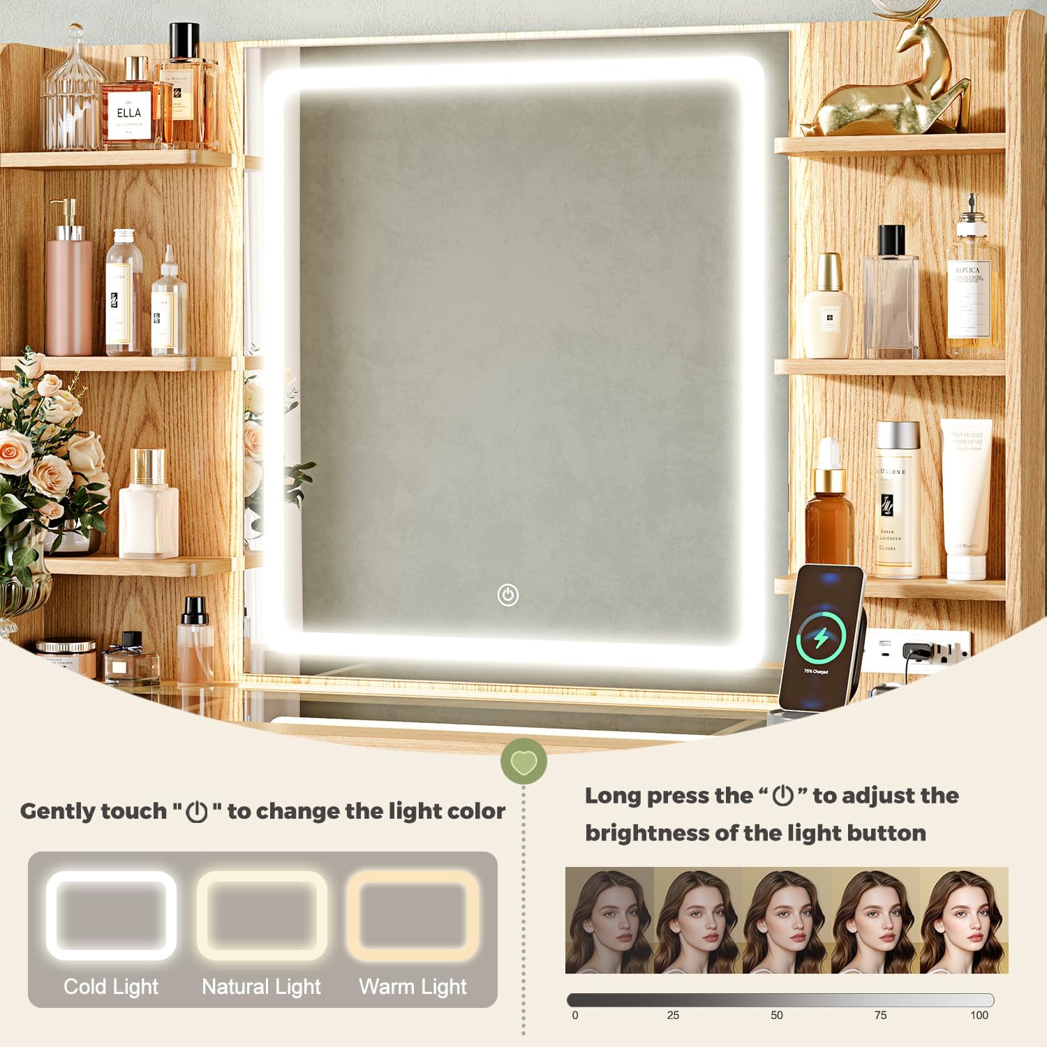 43" Makeup Vanity Desk with Mirror and Lights&Power Outl, 3 Adjustable Light Color,Glass Top Big Vanity Table with 9 Drawers & 6 Shelves,Girls Vanity for Bedroom, Oak