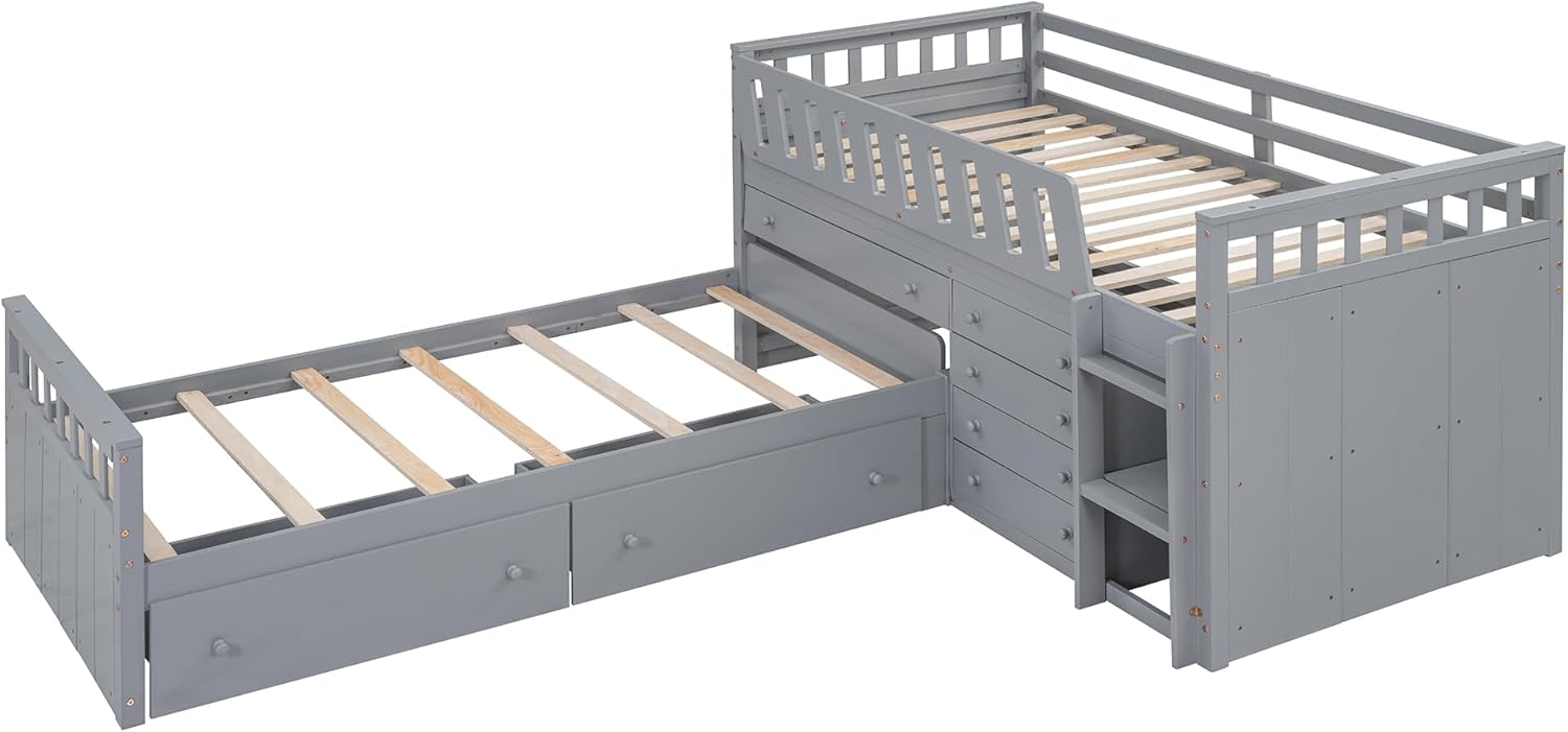 Merax L-Shaped Space-Saving Twin Loft and Twin Platform Bed with 7 Storage Drawers and Full Guardrails, Solid Wooden Bedframe for Boys Girls Adult, No Spring Box Needed, Grey