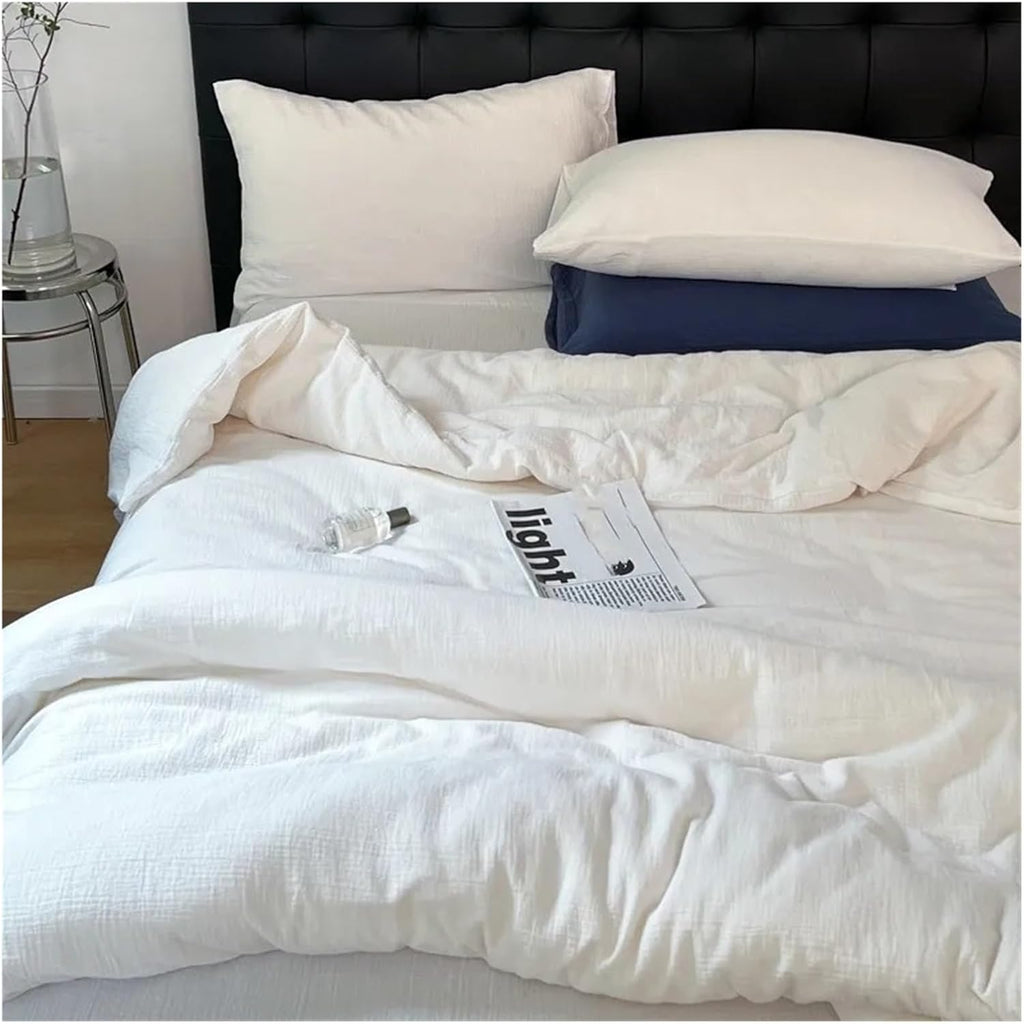 Bed, Natural 100% Cotton Linen Feel Soft Comfortable 4Pcs Bedding Set Solid Twin Queen Duvet Cover Flat/Fitted Sheet Pillowcases