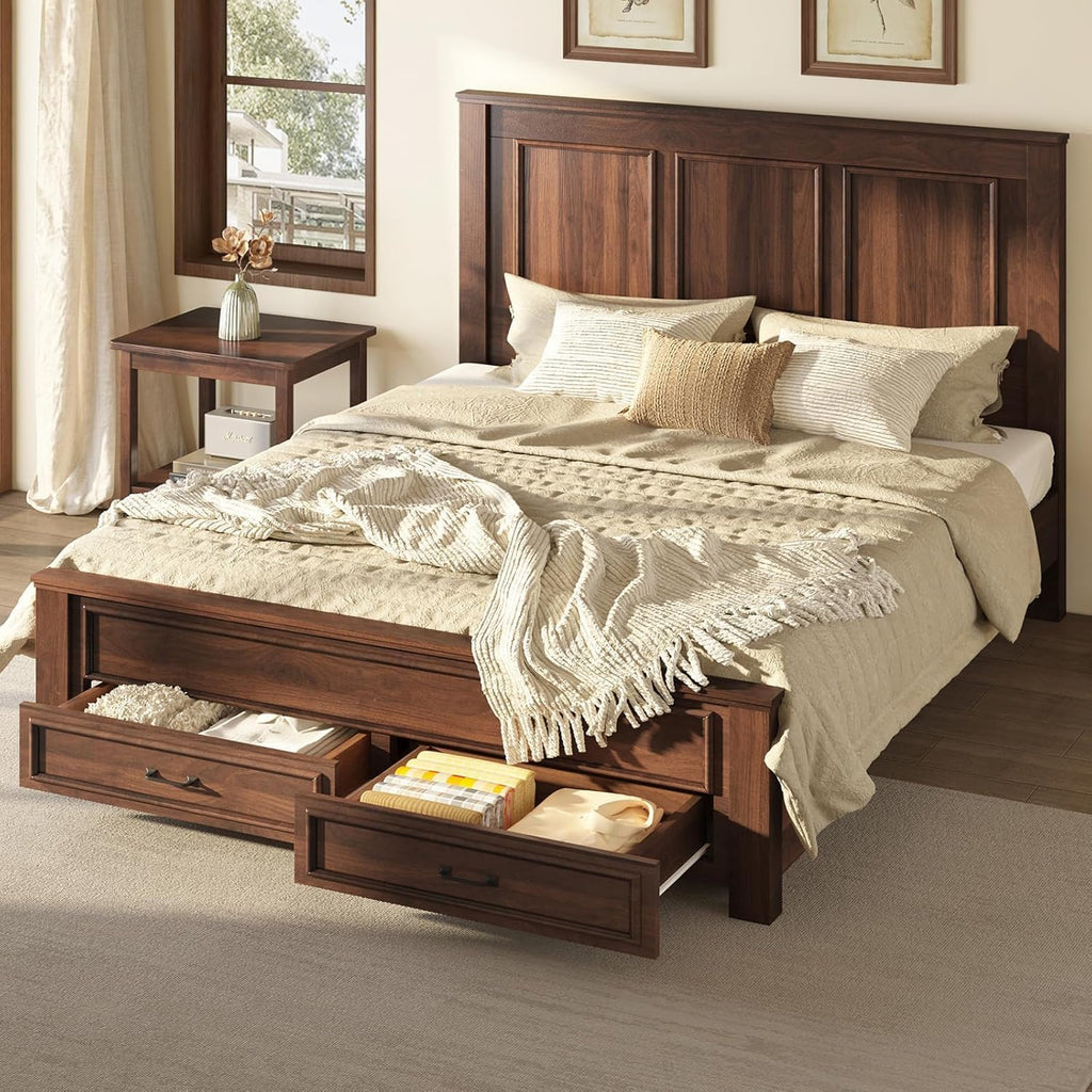 AMERLIFE Farmhouse Queen Size Bed Frame with 52.2" Tall Headboard & Footboard, Wood Platform Bed Frame with 2 Large Storage Drawers, Noiseless, No Box Spring Needed, Rustic Brown