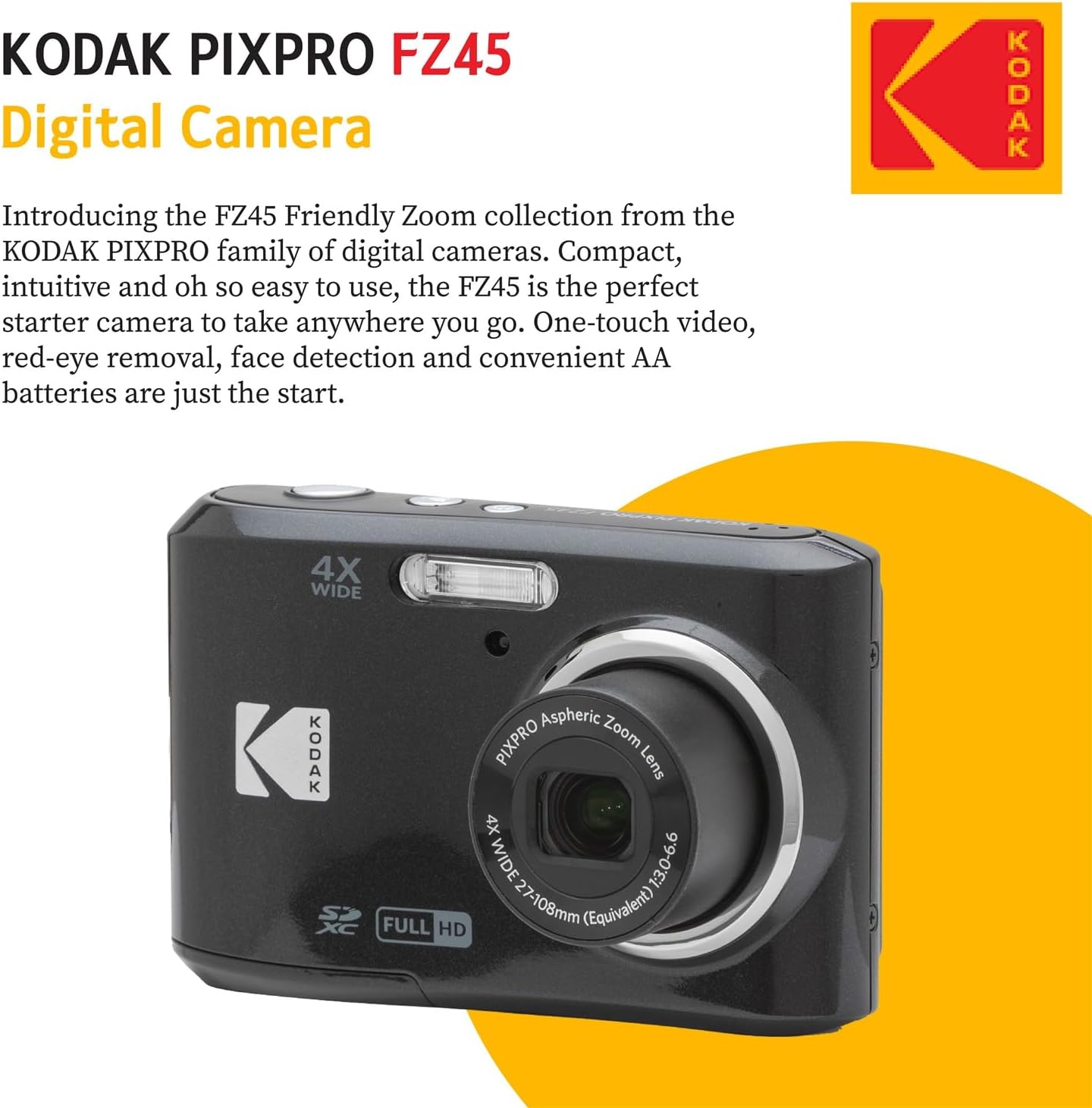 Kodak PIXPRO FZ45 Digital Camera (Black), Point & Shoot Camera Case, Sandisk 128GB SDXC Memory Card