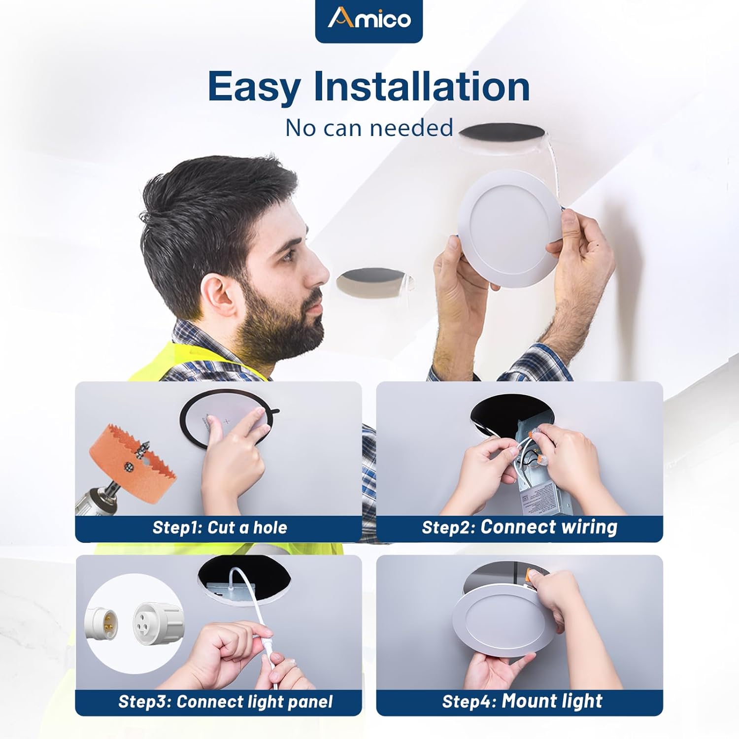 Amico 24 Pack 6 Inch 5CCT Ultra-Thin LED Recessed Ceiling Light with Junction Box, 2700K/3000K/3500K/4000K/5000K Selectable, 1050 Lumens, Dimmable Canless Wafer Downlight, 12W Eqv 110W-ETL&FCC