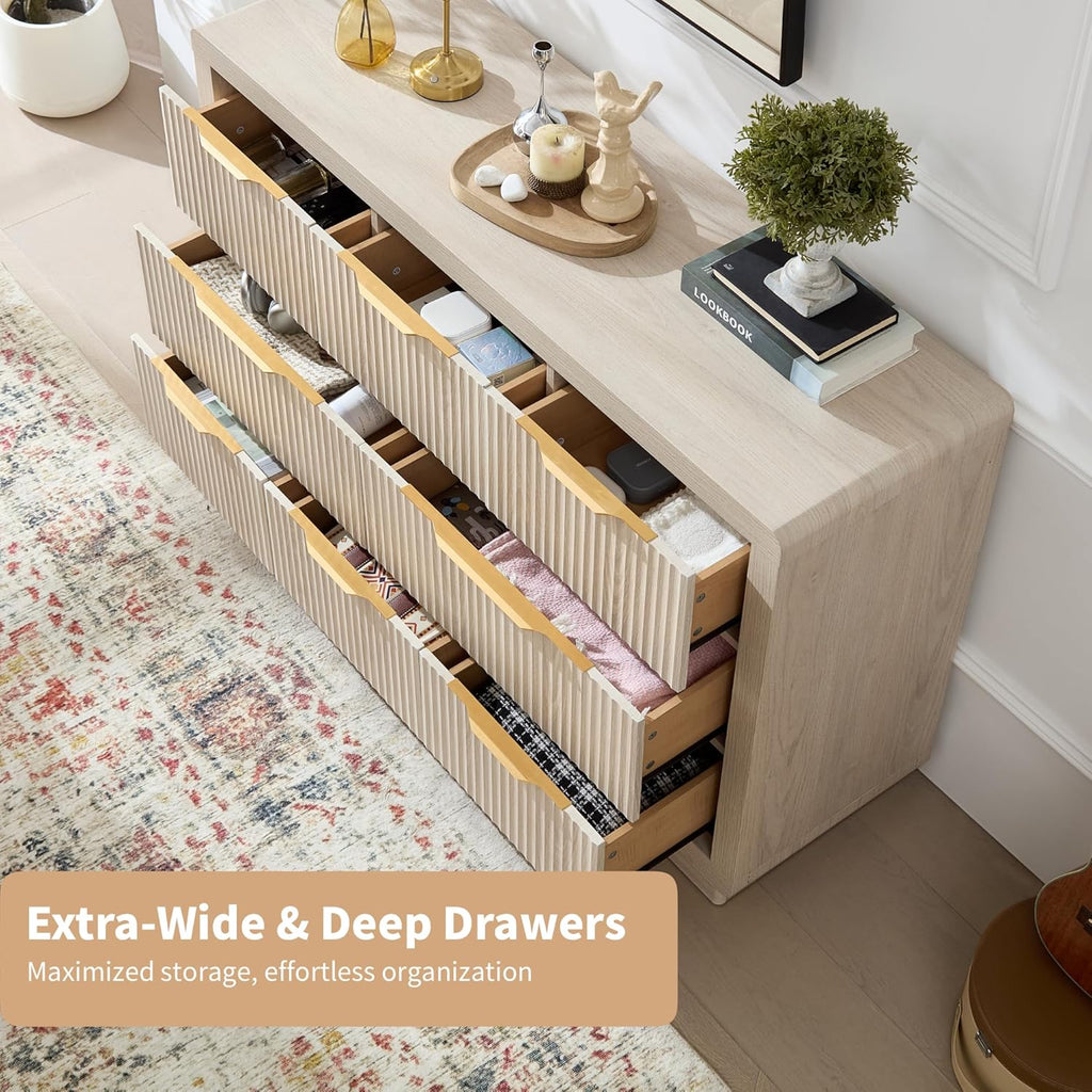 YANSNWO Modern Fluted Dresser and Nightstand Sets, Including 52" W 8 Drawer Dresser and Nightstands Set of 2 with Drawer & Charging Station, Bedroom Set for Home, White Alder