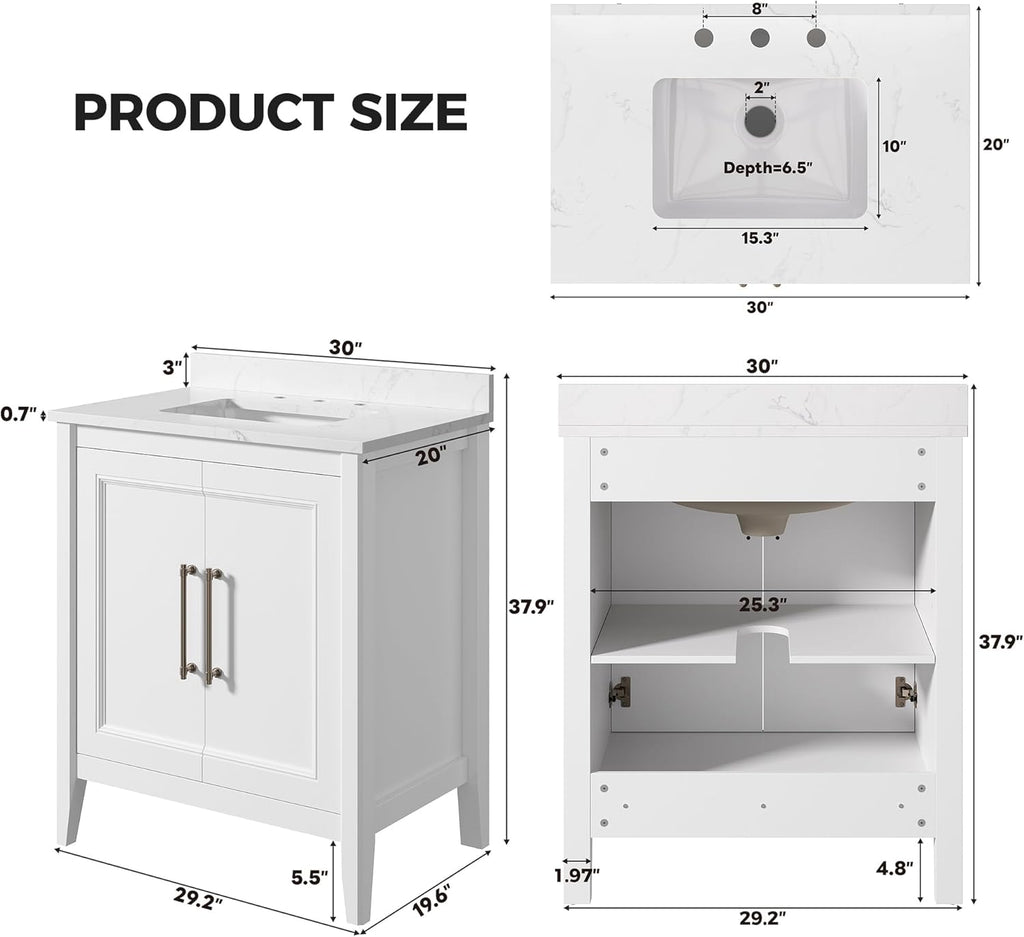 LIKIMIO 30" Bathroom Vanity with Sink, Freestanding Bathroom Vanity with 2 Soft-Close Doors, Engineered Stone Countertop with Undermount Ceramic Sink, Modern Bathroom Vanity, Easy Assembly, White