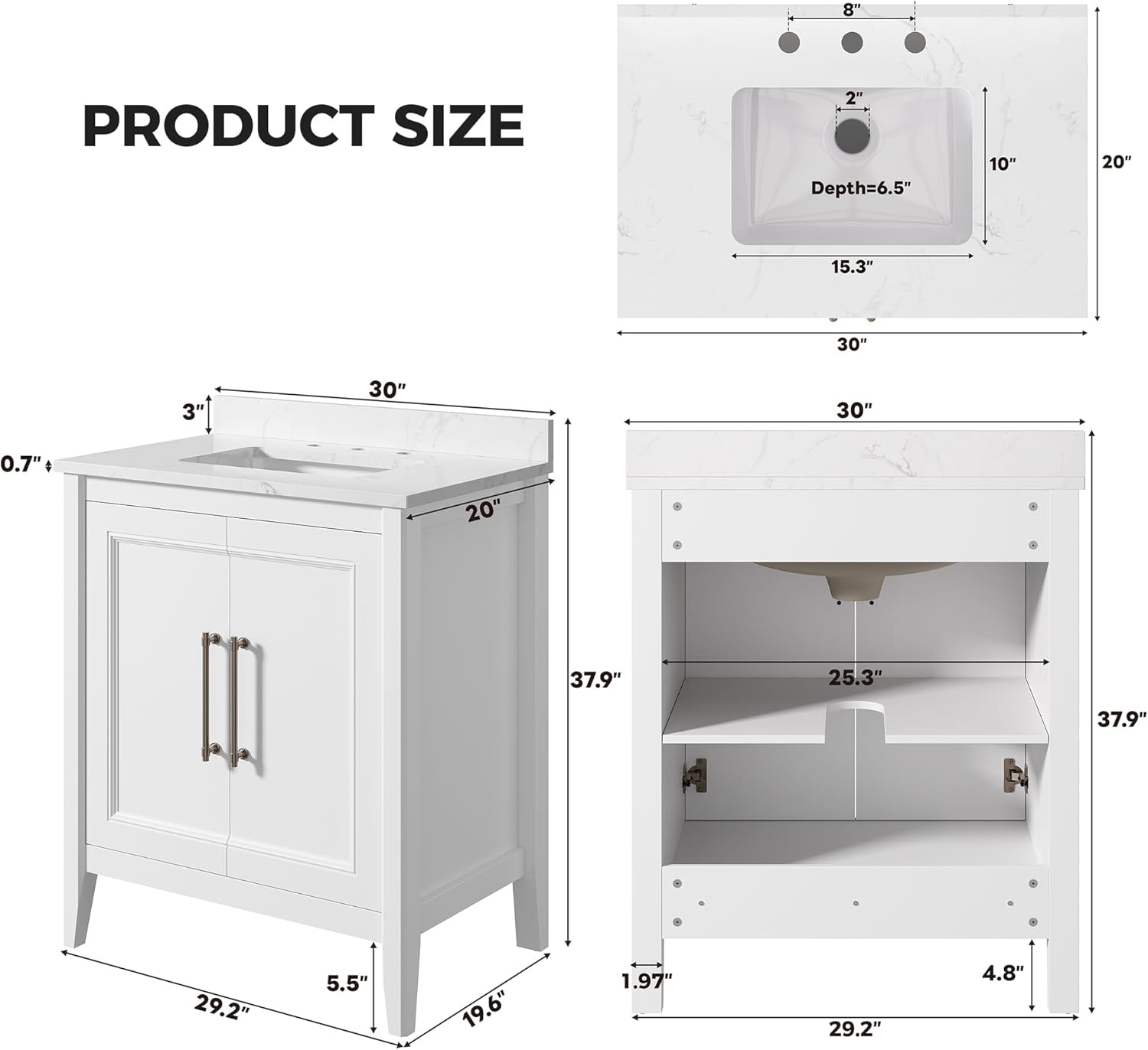 LIKIMIO 30" Bathroom Vanity with Sink, Freestanding Bathroom Vanity with 2 Soft-Close Doors, Engineered Stone Countertop with Undermount Ceramic Sink, Modern Bathroom Vanity, Easy Assembly, White