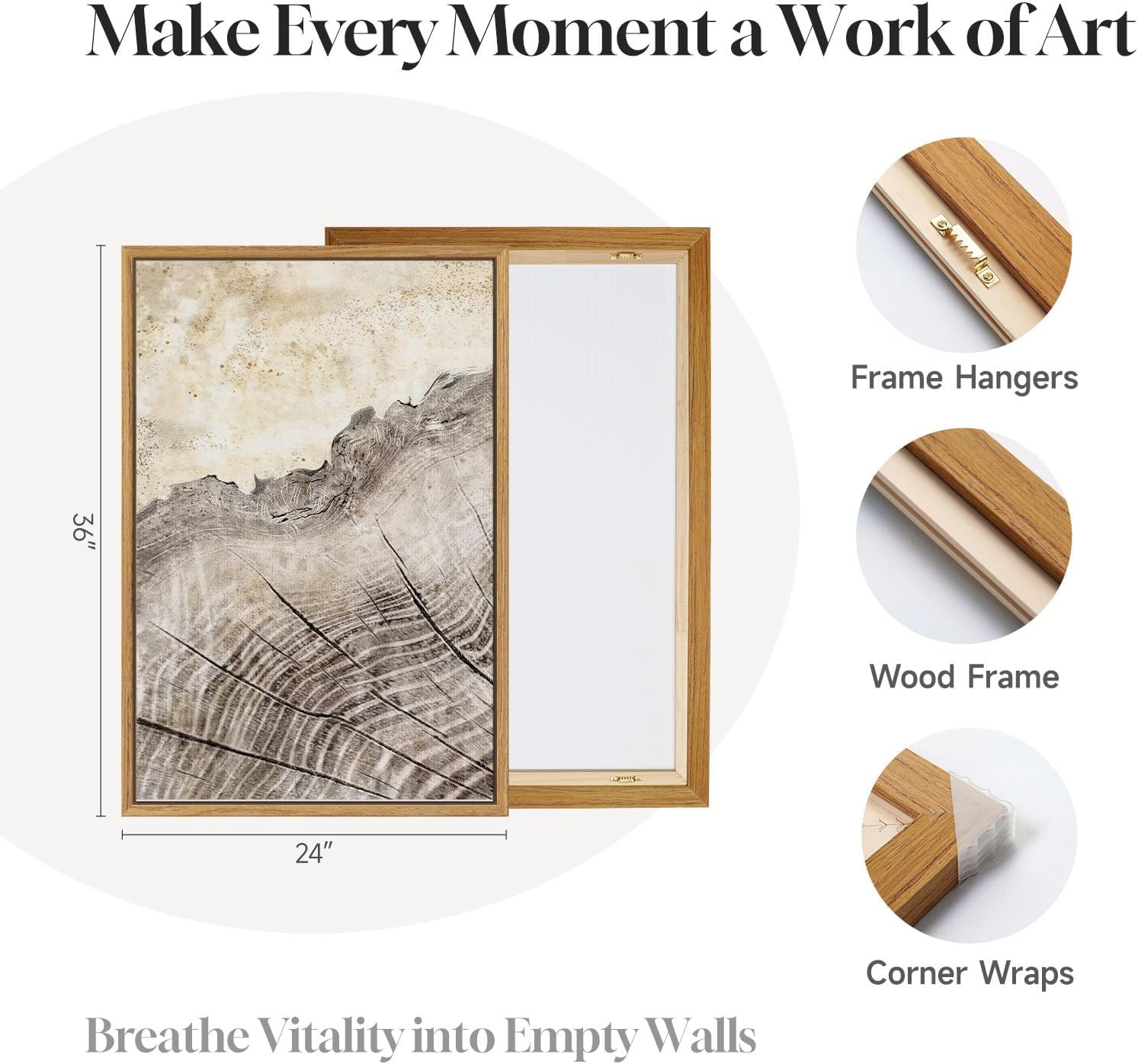 Framed Modern Farmhouse Tree Ring Wall Art for Living Room, 3 Piece Large Neutral Canvas Prints Paintings, Rustic Nature Wood Stump Pictures Artwork for Bedroom Hallway Office Walls Decor, 24x36 Inch