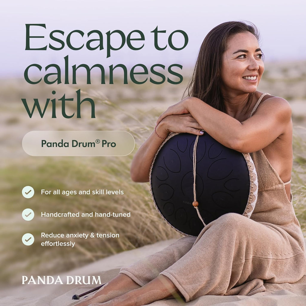 Panda Drum Pro (Black) | Steel Tongue Handpan with Music Book, Mallets, Carrying Bag & Finger Picks | 15 inch, 432 Hz | Rain Drum for Inside & Outside | Calming Musical Instrument for Adults & Kids