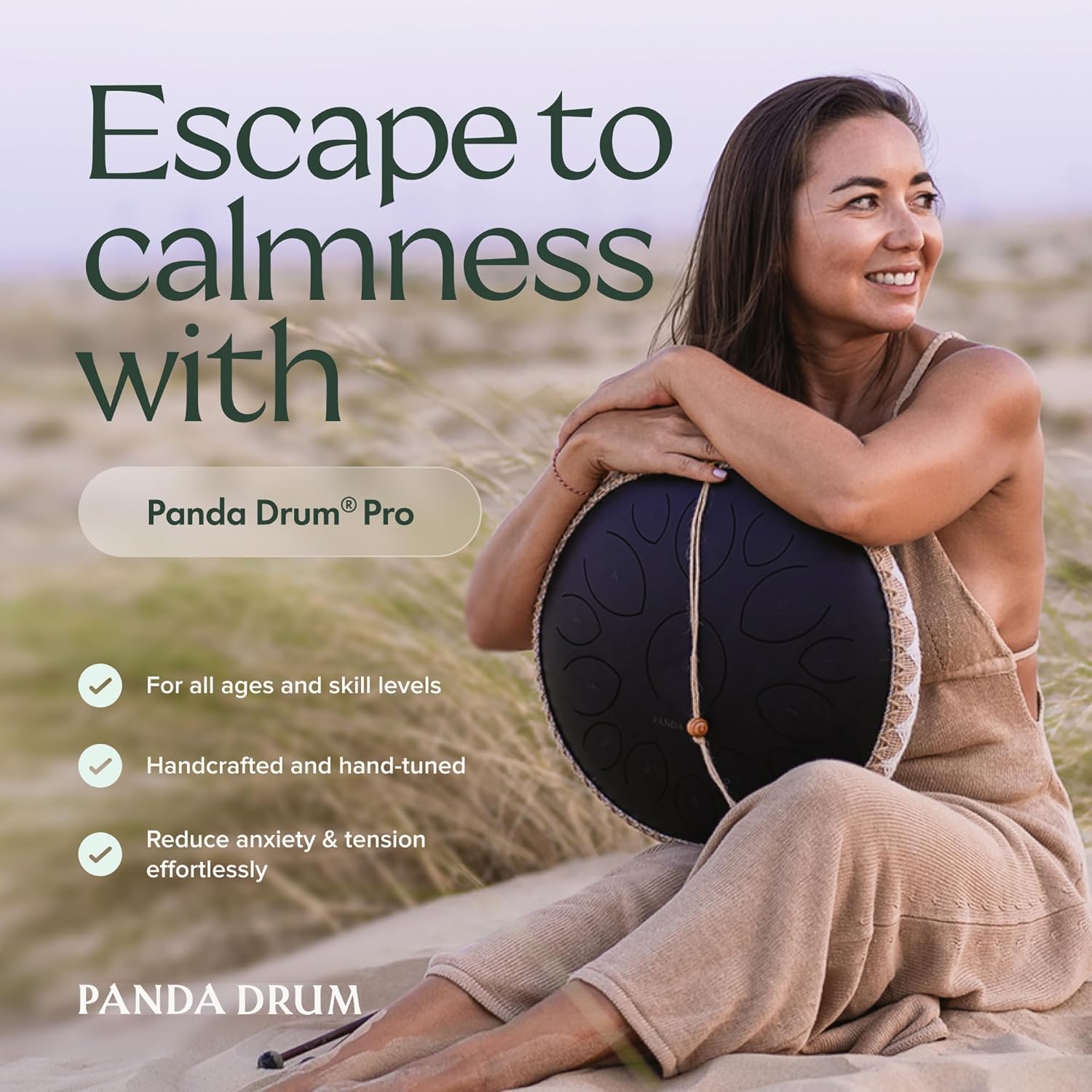 Panda Drum Pro (Black) | Steel Tongue Handpan with Music Book, Mallets, Carrying Bag & Finger Picks | 15 inch, 432 Hz | Rain Drum for Inside & Outside | Calming Musical Instrument for Adults & Kids