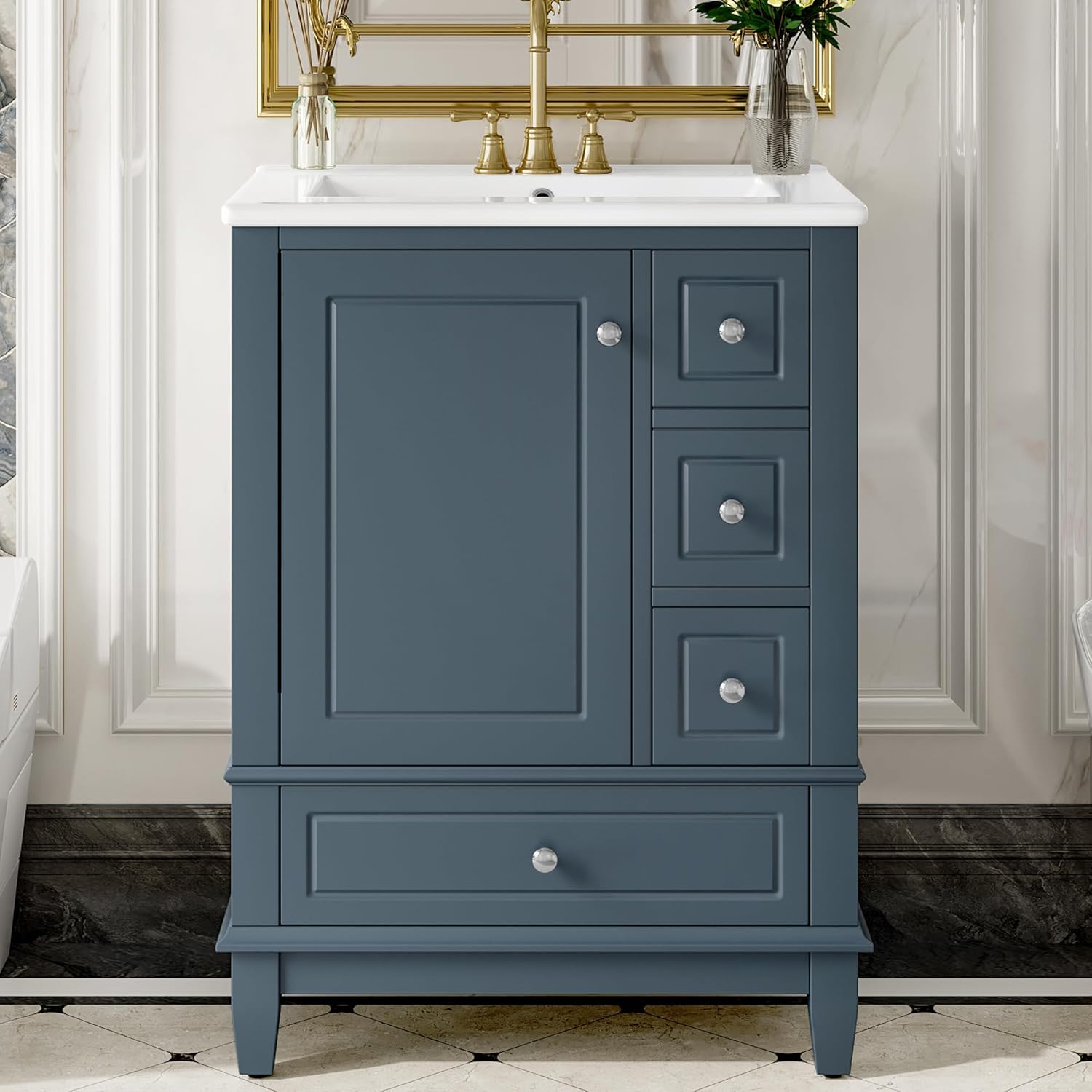 24" Bathroom Vanity with Sink, Harper & Bright Designs Free Standing Single Vanity Set with 3 Drawers and One Door with Storage Racks, Wooden Storage Cabinet with Ceramic Basin for Bathroom, Blue Grey