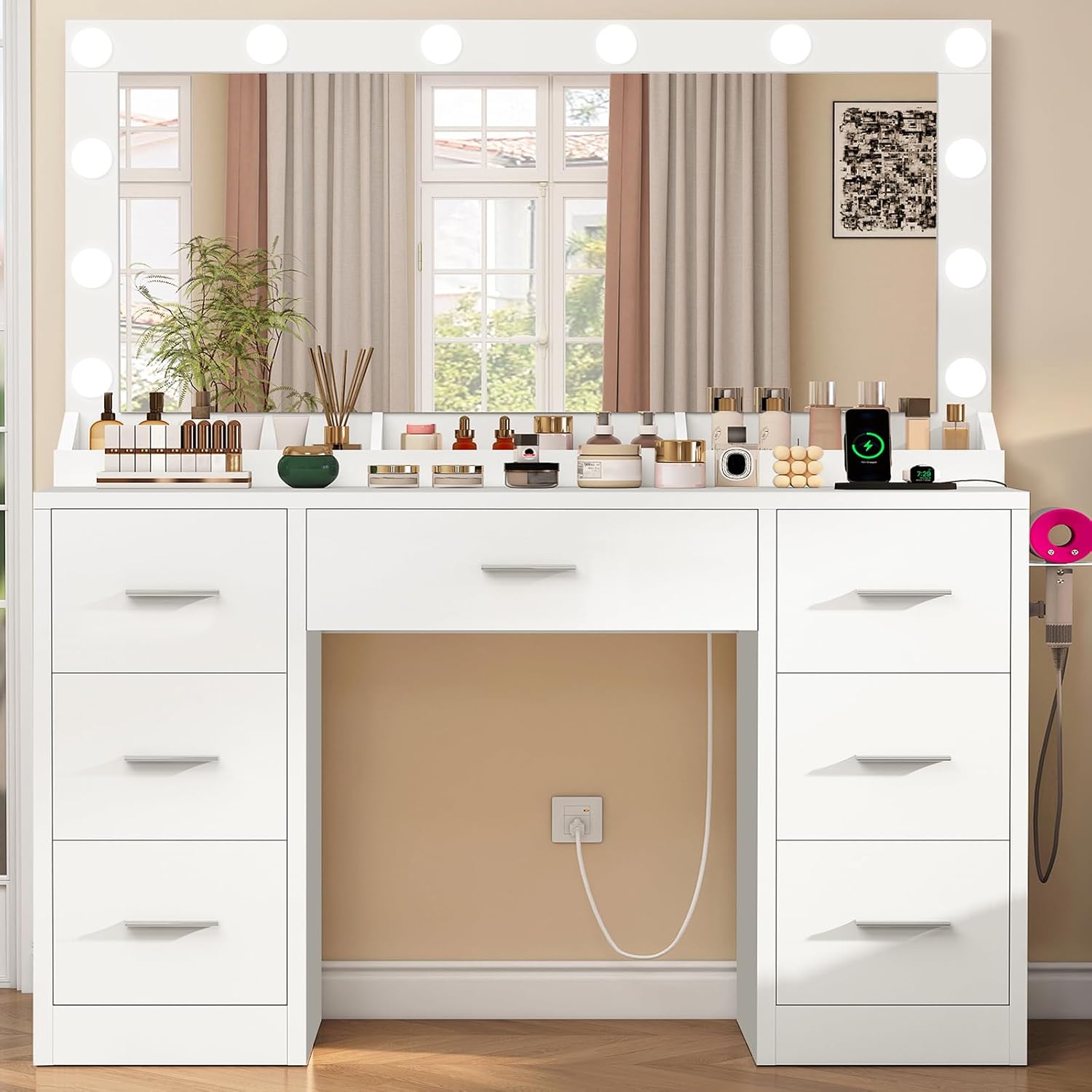 FIONESO Vanity with Large Mirror and 12 LED Lights, Vanity Desk with 7 Drawers & Hairdryer Holder, Makeup Vanity Desk with Charging Station for Women, Girls, 3 Lighting Color Adjustable, White