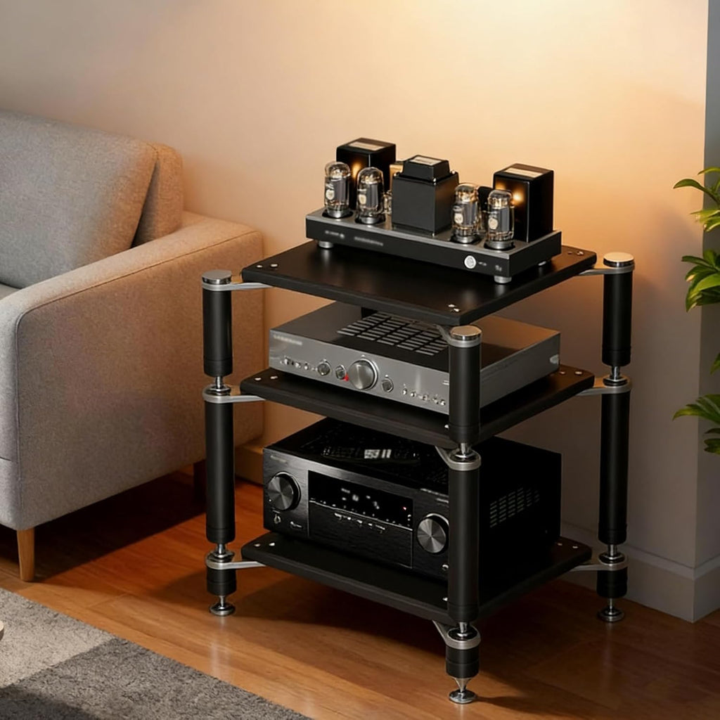 3-Tier AV Media Stand, Heavy Duty Audio Rack with Shock-Absorbing Foot pegs, Open Design av Stand, Multi-Layer Stereo Equipment Rack for Home, Office, Theater (Black, 3-Tiers)