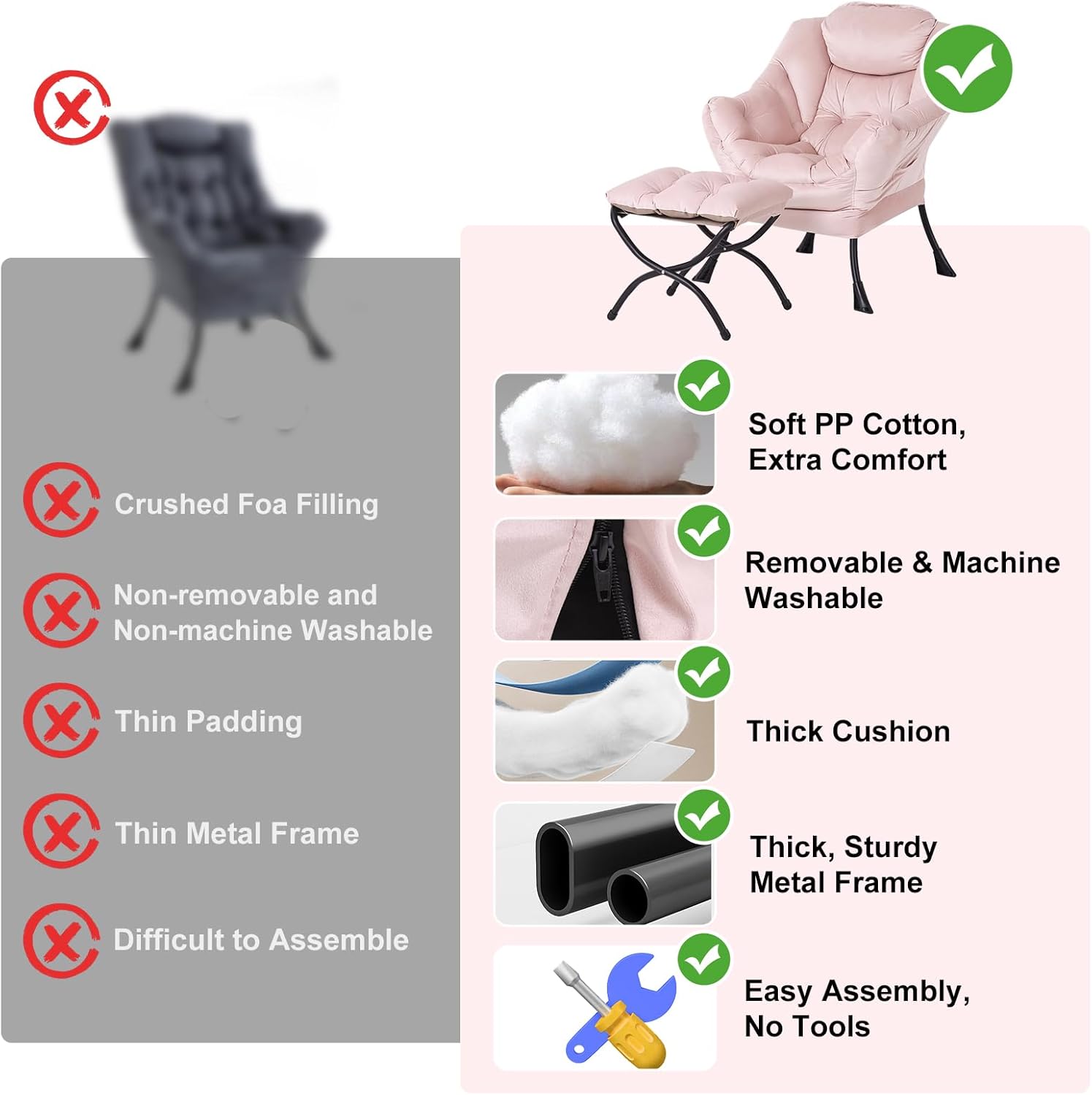 Furlide Lazy Chair with Ottoman, Modern Chair with Folding Footrest, Lounge Accent Chair, Comfortable Reading Chair, Oversized Armchairs for Bedroom, Study, Living Room, Courtyard (Pink)