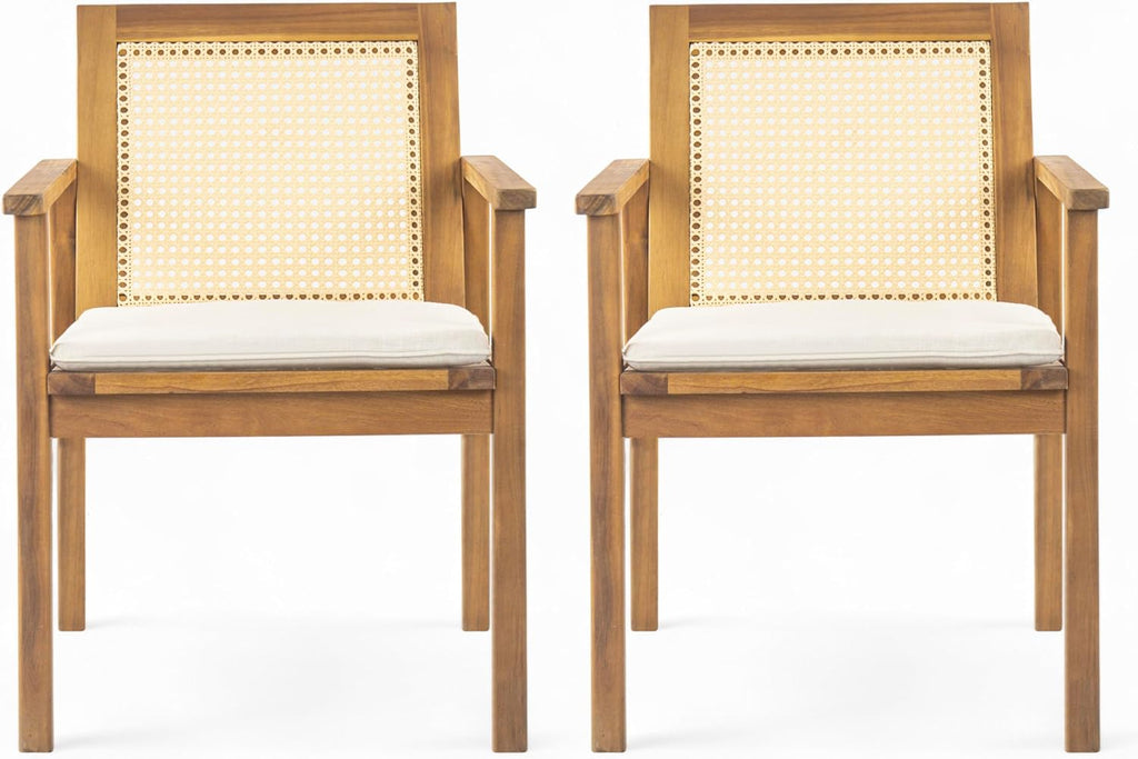 Christopher Knight Home Dessa Outdoor Dining Chairs Set of 2, Acacia Wood Dining Chair, Woven Wicker Back Accent Chairs, Breathable Armchair, Comfort Cushion Seating for Backyard Garden, Teak+Beige