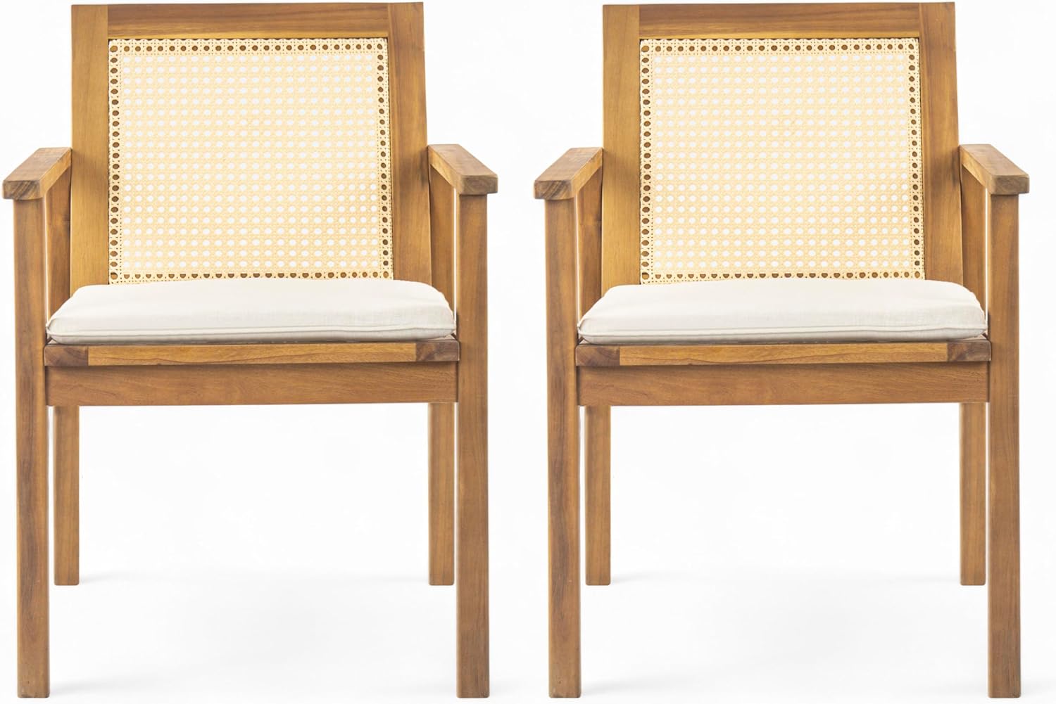 Christopher Knight Home Dessa Outdoor Dining Chairs Set of 2, Acacia Wood Dining Chair, Woven Wicker Back Accent Chairs, Breathable Armchair, Comfort Cushion Seating for Backyard Garden, Teak+Beige