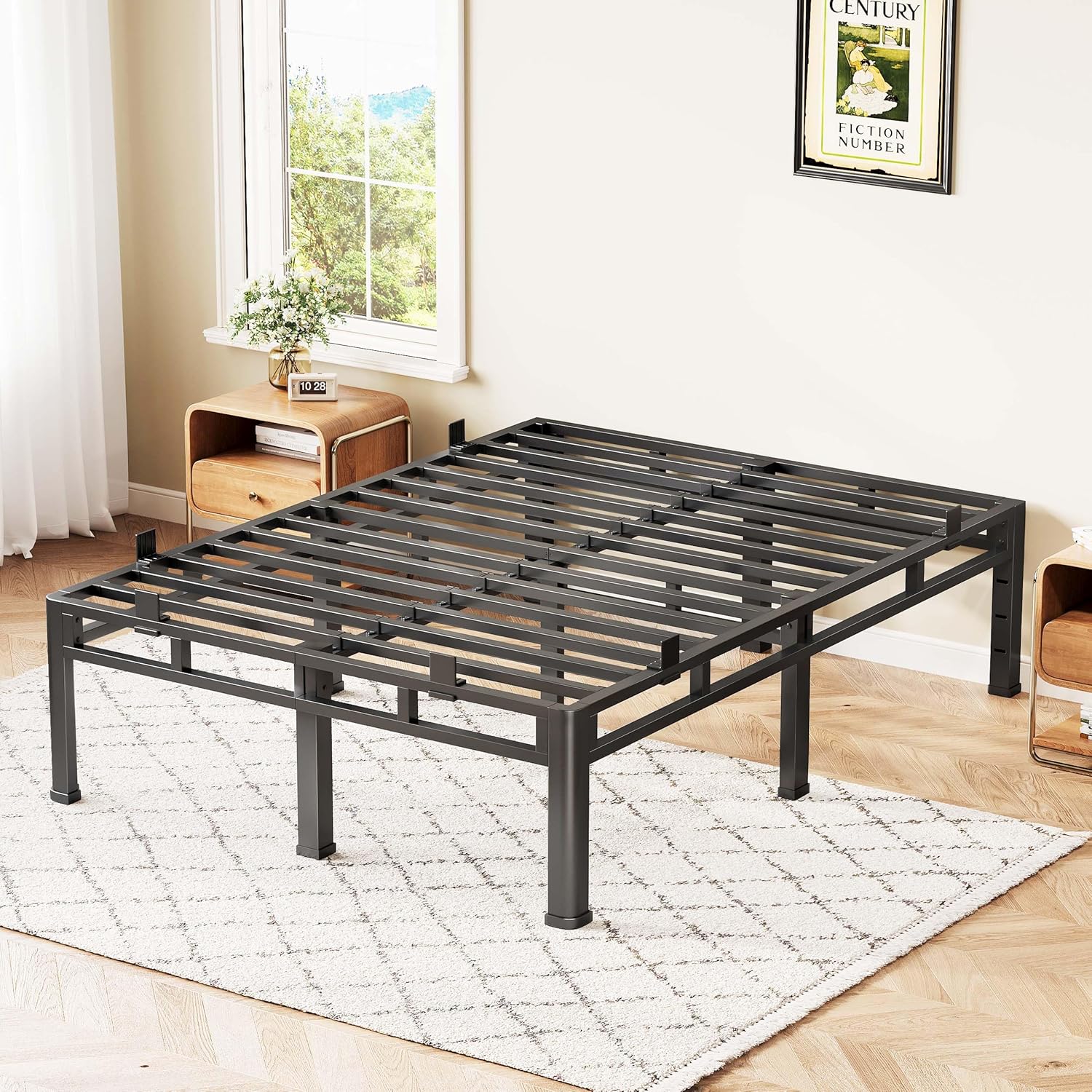 ROIL 14 Inch Queen Bed Frame, Double Layer Metal Bed Frame with Round Corner Legs, 4000LBS Bed Frame & Box Spring 2 in 1 Platform with Headboard Holes Mattress Baffles, Noise-Free Easy Assembly
