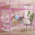 VECELO Loft Bed Twin Size, Metal Bedframe with Removable Ladder and Safety Guardrail, No Box Spring Needed, Space Saving, Noise Free, Light Pink