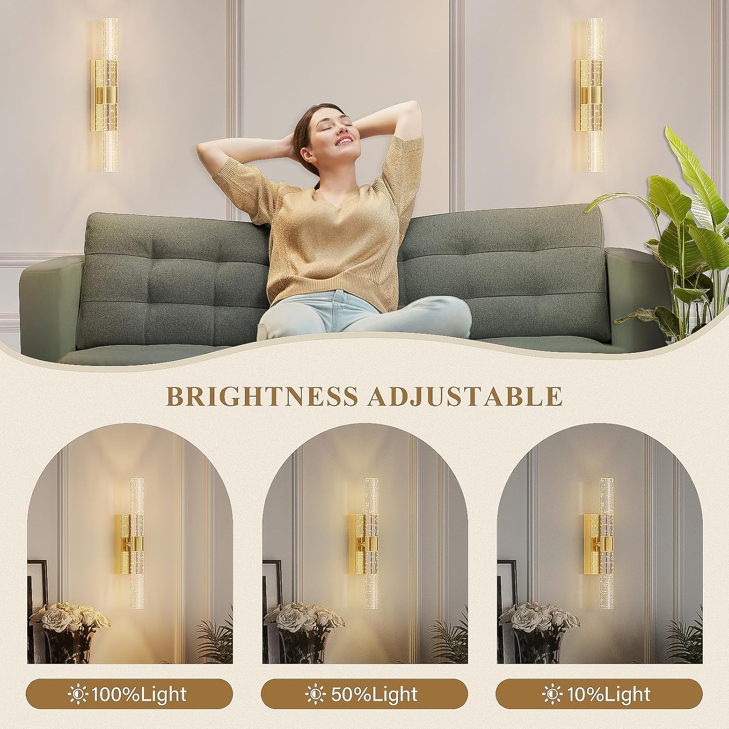 camuucci Battery Operated Wall Sconces Set of 2 Rechargeable Battery Powered Wall Light with 12000mAh Not Hardwired Dimmable Wall Lamp Fixtures for Bedroom Living Room Gold 15.3 Inches
