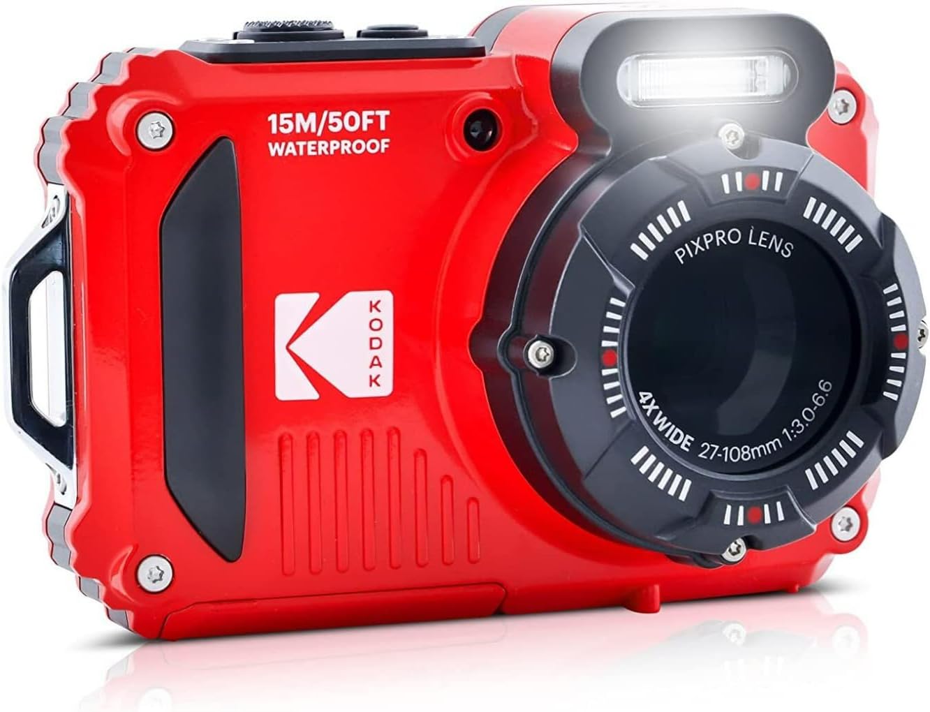 Kodak PIXPRO WPZ2 Rugged Waterproof 16MP Digital Camera with 4X Optical Zoom (Red) with Gadget Bag and Accessory Kit, 32GB UHS-I microSDHC, and Floating Strap Bundle (4 Items)
