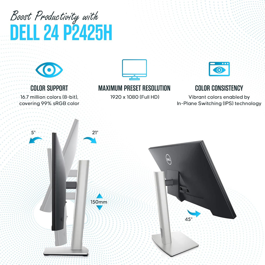 P2425H for Dell Replacement - Computer Monitor Screen 24" 16:9 IPS Bundle with Stand - Full HD, 1920 x 1080-1 Year Warranty - LED, 100Hz - with DisplayPort & USB 3.0 Upstream Cable - New Model