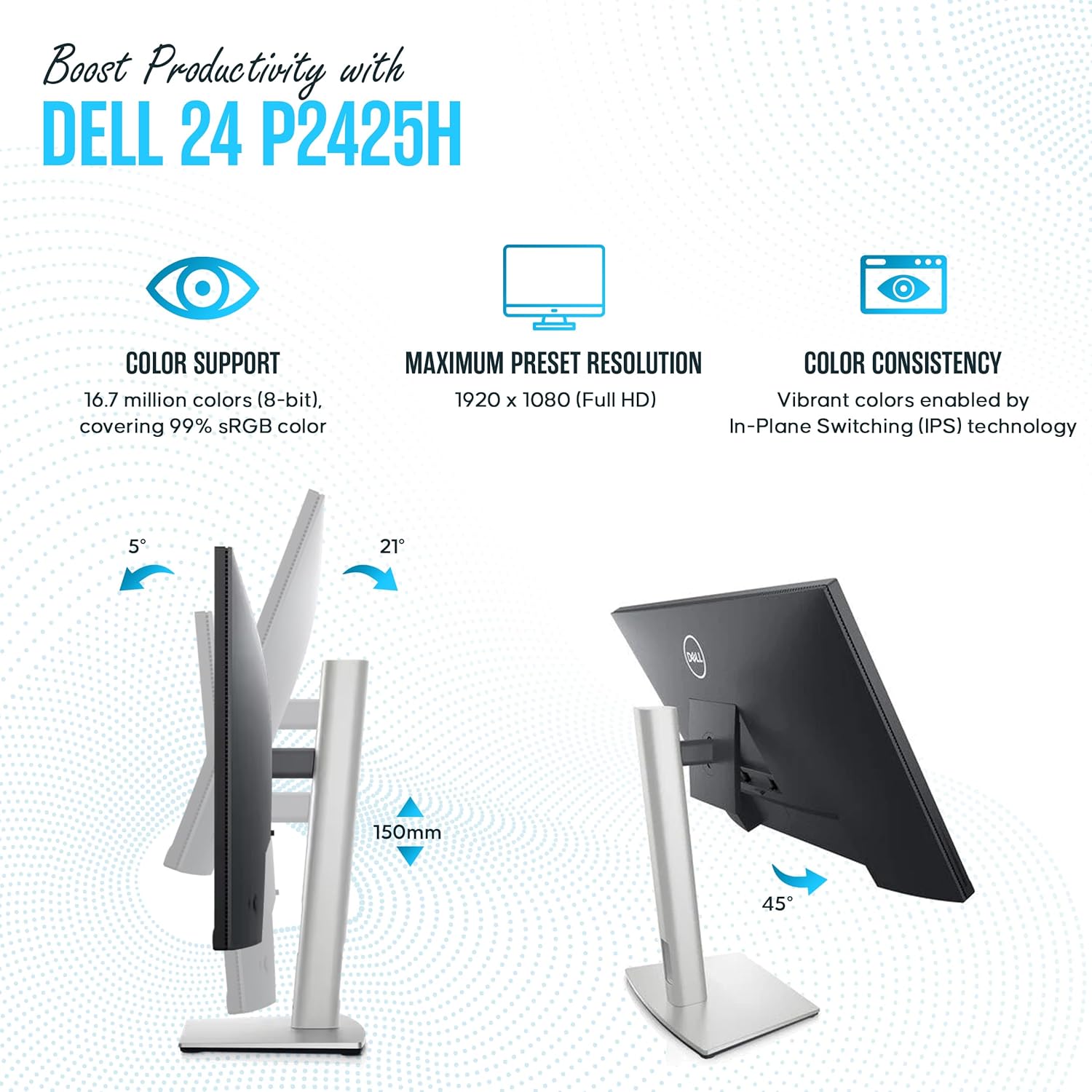 P2425H for Dell Replacement - Computer Monitor Screen 24" 16:9 IPS Bundle with Stand - Full HD, 1920 x 1080-1 Year Warranty - LED, 100Hz - with DisplayPort & USB 3.0 Upstream Cable - New Model