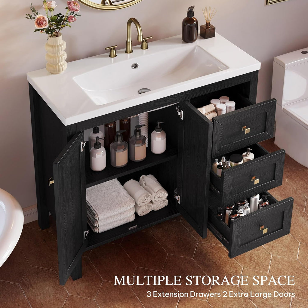 YITAHOME 36" Bathroom Vanity with Sink Set, Vintage Bathroom Cabinet Vanity with Resin Basin, Extra Large Storage with 2 Soft-Closing Doors & 3 Drawers, Black