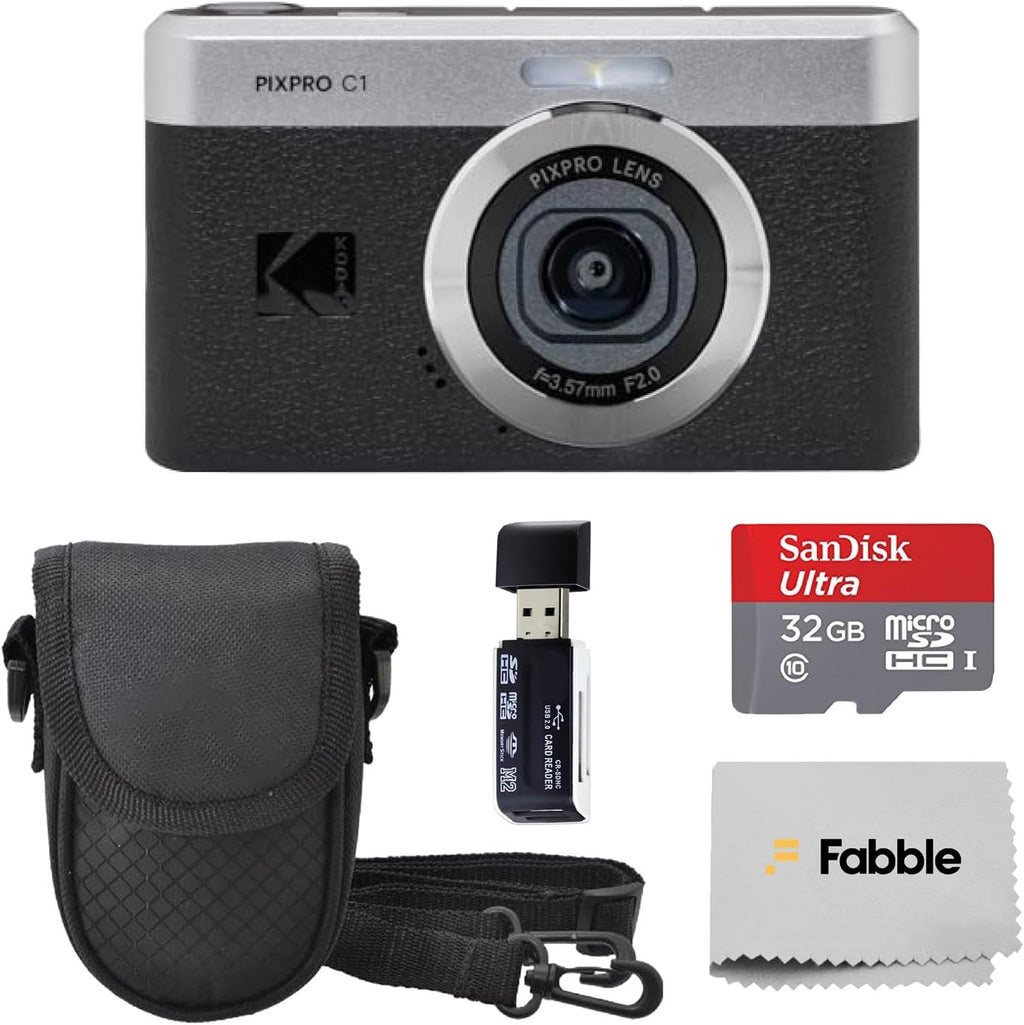 Kodak PIXPRO C1 Compact Digital Camera (Black) Bundle with 32GB microSDHC Card, Protective Camera Case, Hi-Speed USB Card Reader, USB-C Cable, AC Adapter, and Manufacturer Accessories