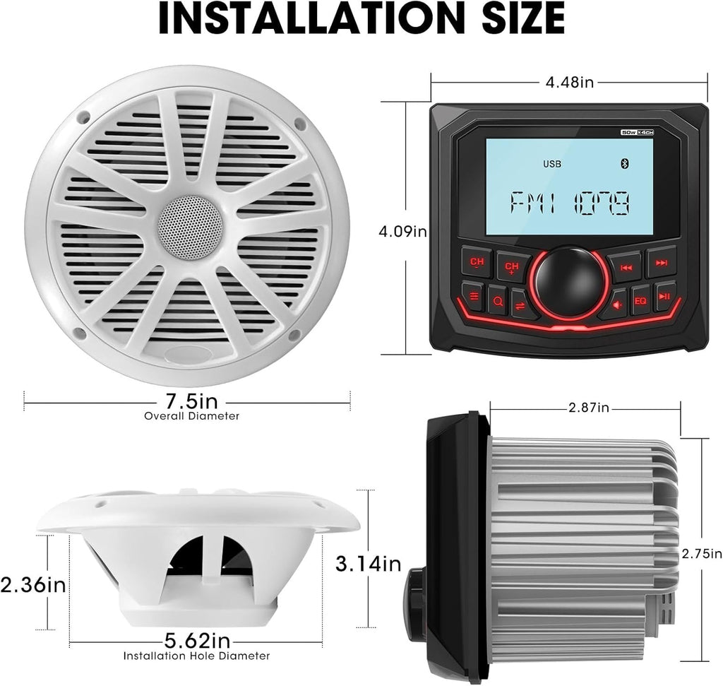 Marine Stereo 6.5-Inch Speakers Package: Waterproof Bluetooth Boat Gauge Radio Receiver - LCD Display AUX USB MP3 Subwoofer AM FM for ATV UTV RZR Golf Cart