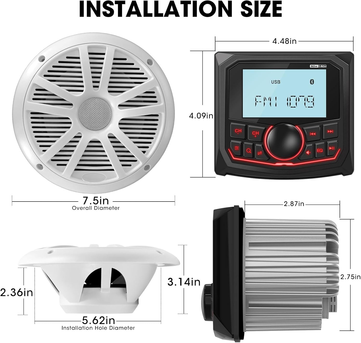 Marine Stereo 6.5-Inch Speakers Package: Waterproof Bluetooth Boat Gauge Radio Receiver - LCD Display AUX USB MP3 Subwoofer AM FM for ATV UTV RZR Golf Cart