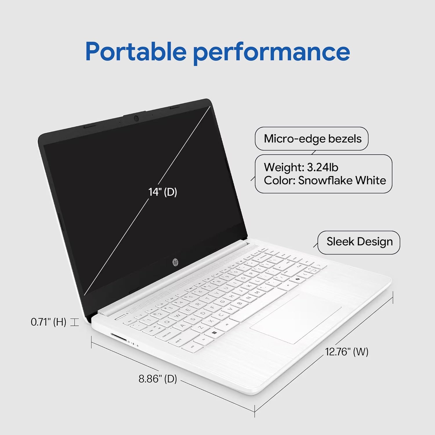 HP 14" Laptop · 576GB Storage · Microsoft 365 Included · 64GB + 512GB SD · 8GB RAM · HD Display · 12-Hour Battery · WiFi · Bluetooth · Windows 11 White