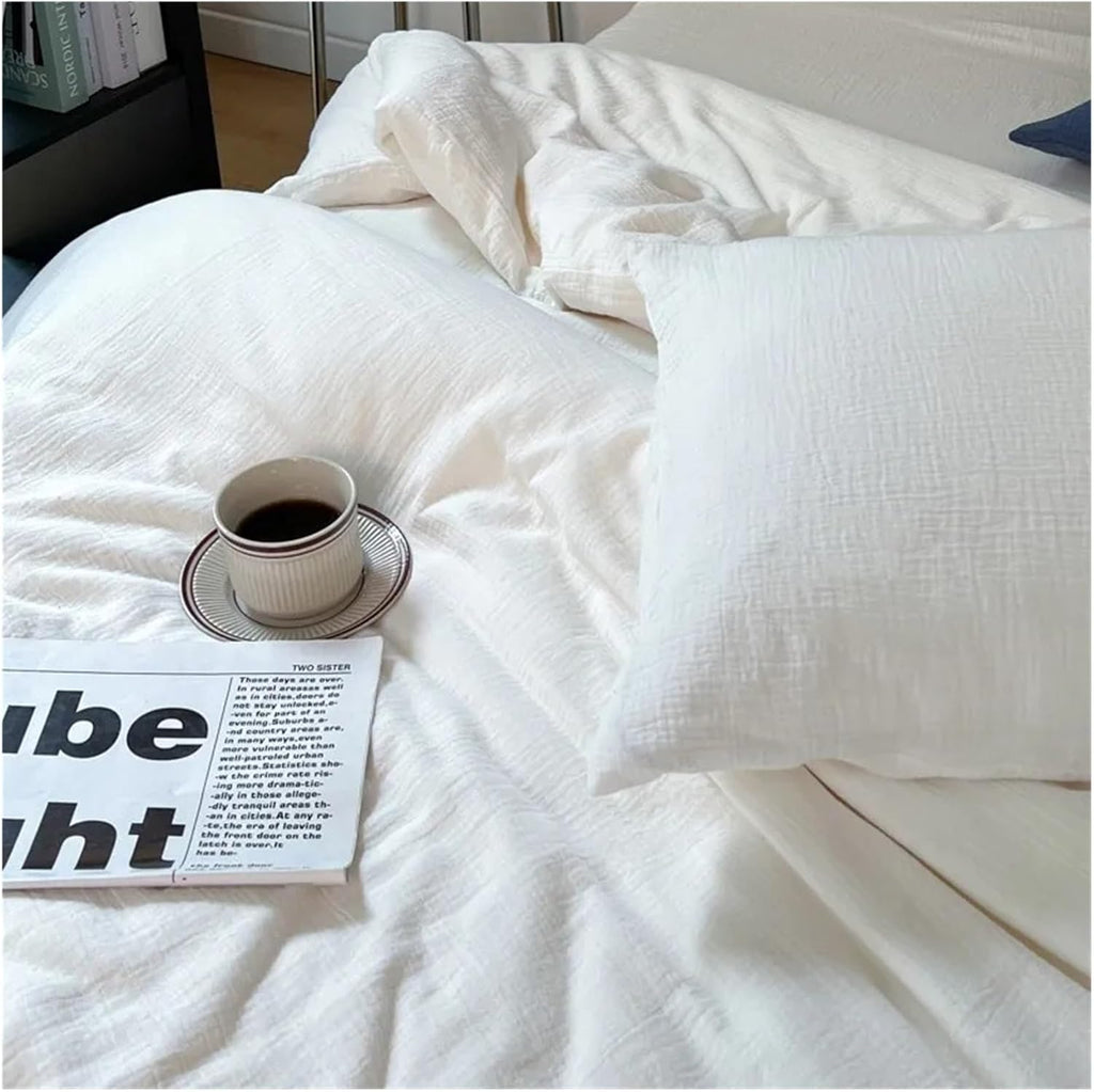 Bed, Natural 100% Cotton Linen Feel Soft Comfortable 4Pcs Bedding Set Solid Twin Queen Duvet Cover Flat/Fitted Sheet Pillowcases