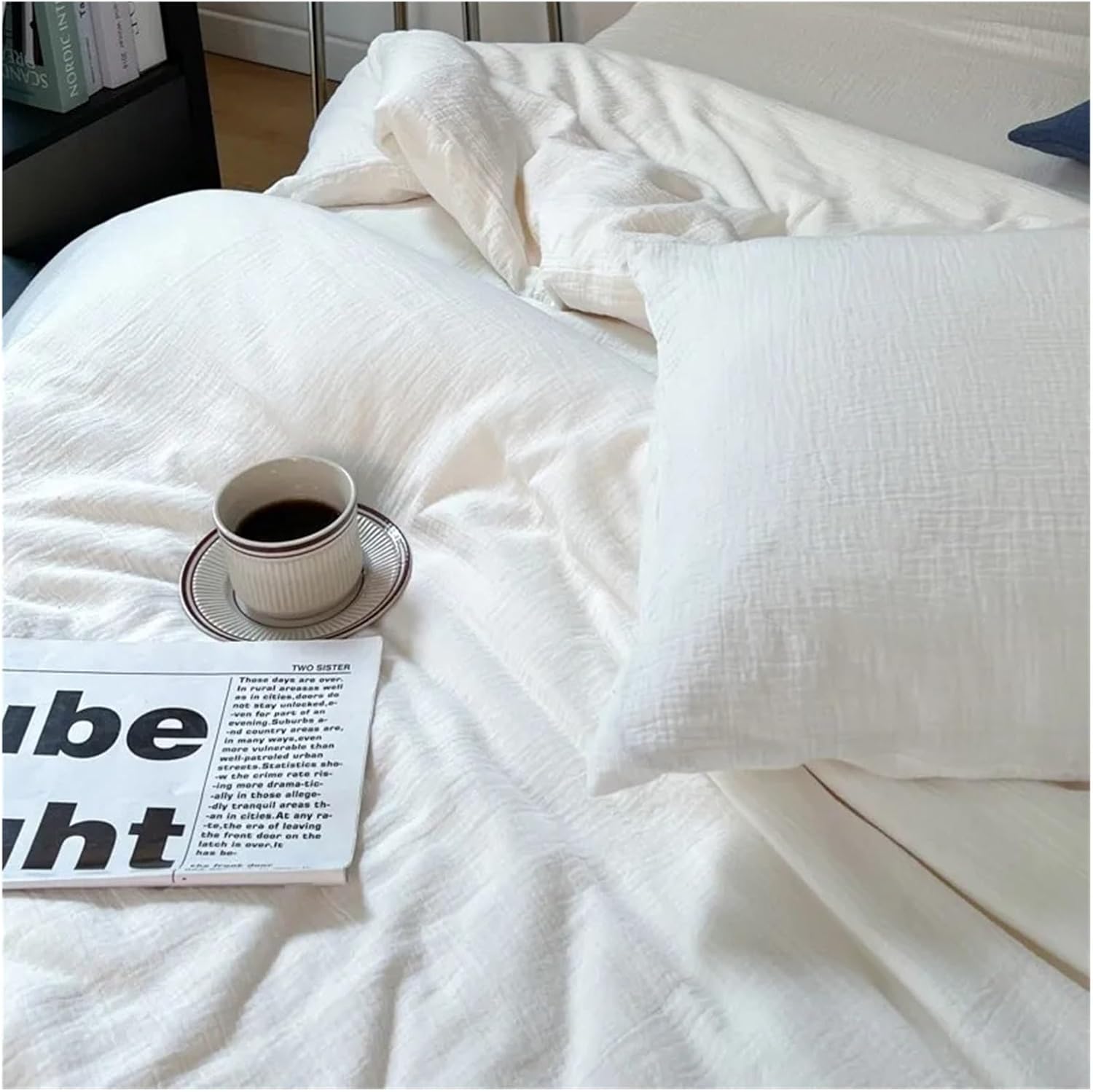 Bed, Natural 100% Cotton Linen Feel Soft Comfortable 4Pcs Bedding Set Solid Twin Queen Duvet Cover Flat/Fitted Sheet Pillowcases