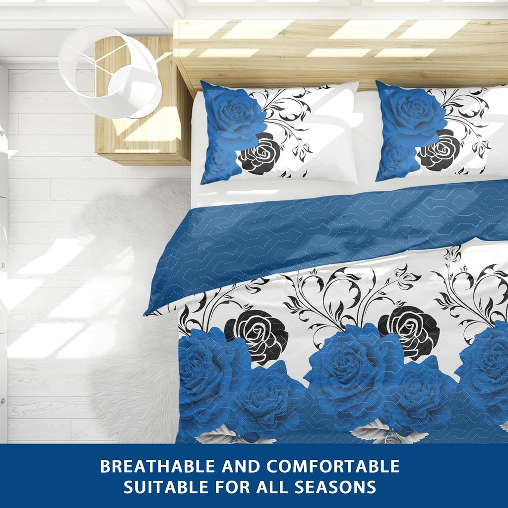 Deepsleep Queen Size Quilt Set 9 Pieces with Matching Curtain, with 2 Pillowcases and 6 Curtains for Bedroom, Machine Washable Microfiber Bedding Set for All Season, Blue Rose