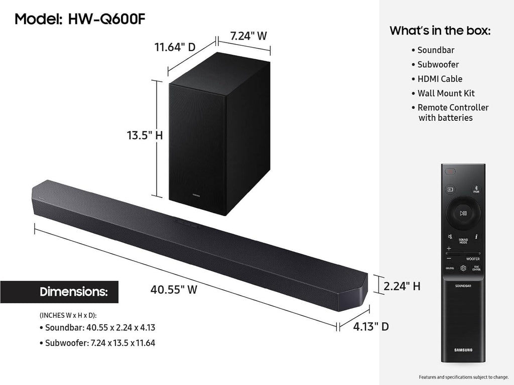 Samsung Q-Series Soundbar HW-Q600F, 3.1.2 Channel, Dolby Atmos Soundbar with Wireless Subwoofer, Q-Symphony, Adaptive Sound, SpaceFit Sound, Game Pro Mode, 4K Pass-Through Home Theater Audio System