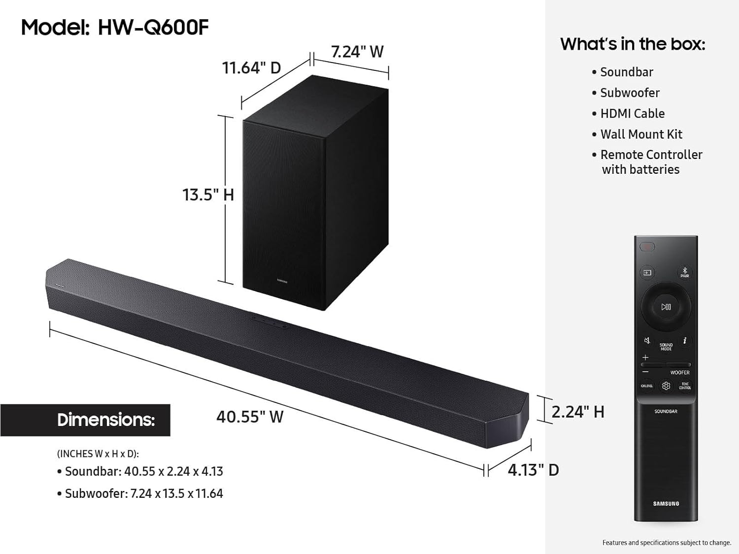 Samsung Q-Series Soundbar HW-Q600F, 3.1.2 Channel, Dolby Atmos Soundbar with Wireless Subwoofer, Q-Symphony, Adaptive Sound, SpaceFit Sound, Game Pro Mode, 4K Pass-Through Home Theater Audio System