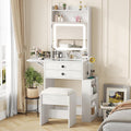 Vabches Small Makeup Vanity Desk with 3 Adjustable Lighted Mirror, White Vanity Set with Fold-up Panel and Charging Station, Glass Top Dressing Table with Drawers and Chair, 2 Hidden Storage Shelves