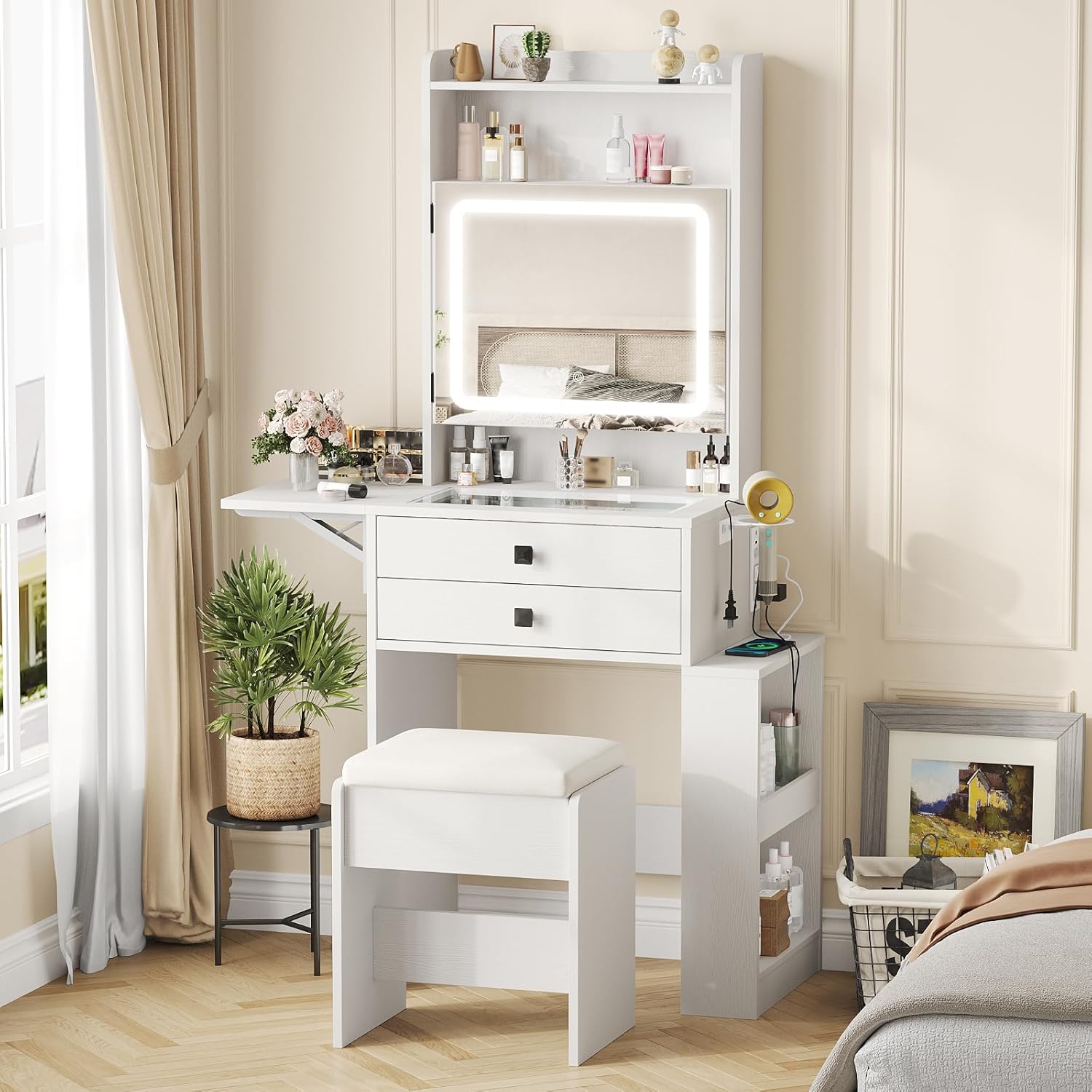 Vabches Small Makeup Vanity Desk with 3 Adjustable Lighted Mirror, White Vanity Set with Fold-up Panel and Charging Station, Glass Top Dressing Table with Drawers and Chair, 2 Hidden Storage Shelves