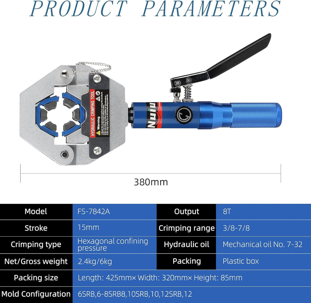 FS-7842A Hydraulic Hose Crimper Kit - 8T Handheld Crimping Tool w/Quick-Lock Dies, 7 Molds for Auto A/C, HVAC & Industrial Piping (3/8"-7/8")