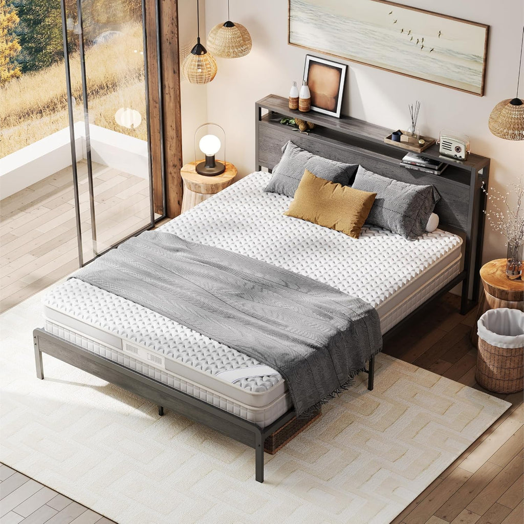 LIKIMIO Queen Bed Frame with Headboard, Dark Wood Camas Queen with Strong Supports, Sturdy, Noise-Free, No Box Spring Needed, Grey