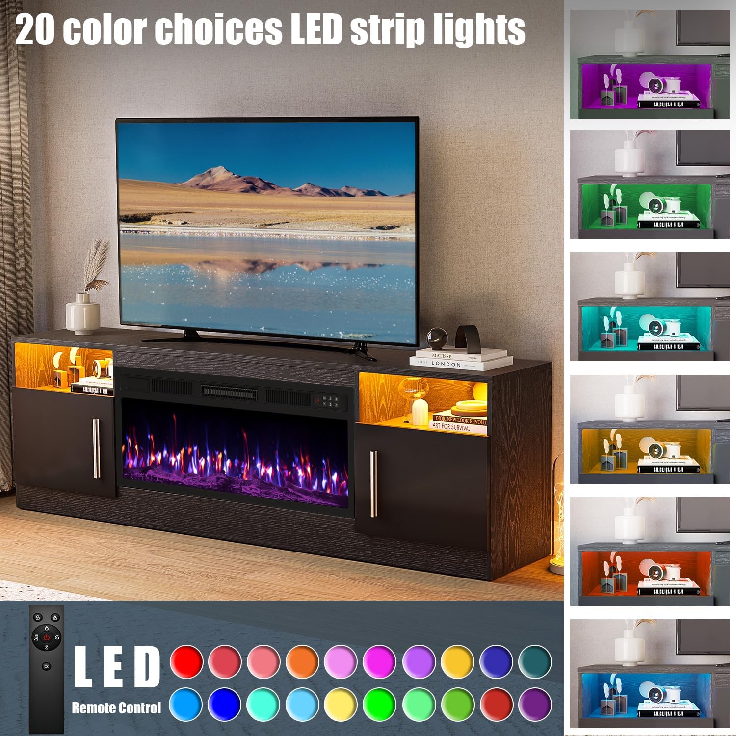 VITESSE Fireplace with TV Stand 36" inch Electric Fireplace Up to 80" TVs, LED Light Entertainment Center, 70" Modern Wood High Gloss with Highlight Storage Cabinet for Living Room (Black)