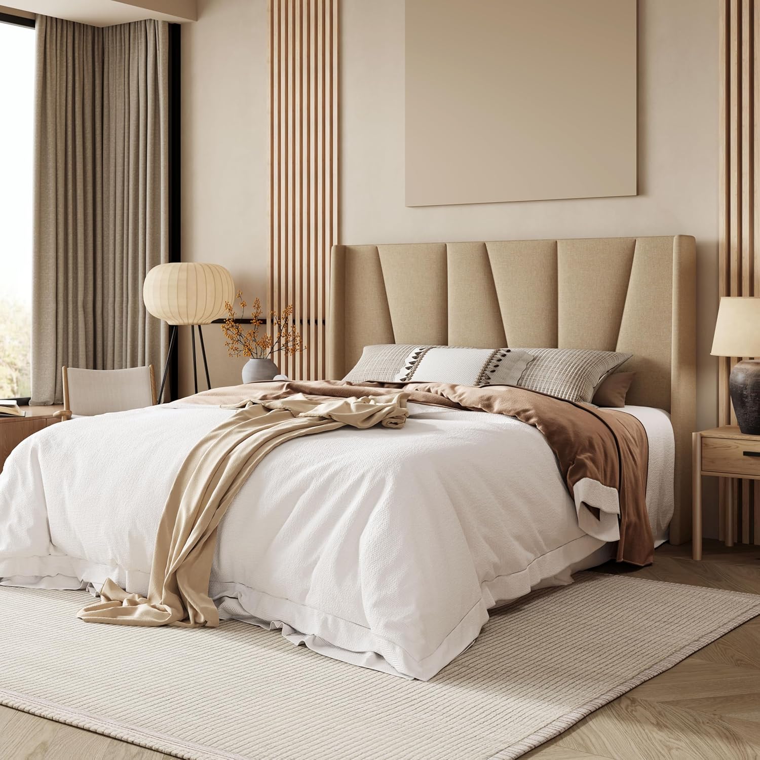 Allewie Queen Size Platform Bed Frame with Geometric Wingback Headboard, Boho Upholstered Bed with Wooden Slats Support, No Box Spring Needed, Easy Assembly, Beige