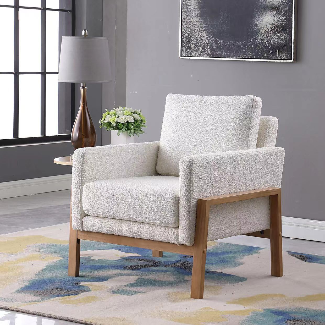 HomePop Wood Frame Accent Chair | Homepop Home Decor | Accent Chairs for Living Room & Bedroom - Cream Boucle