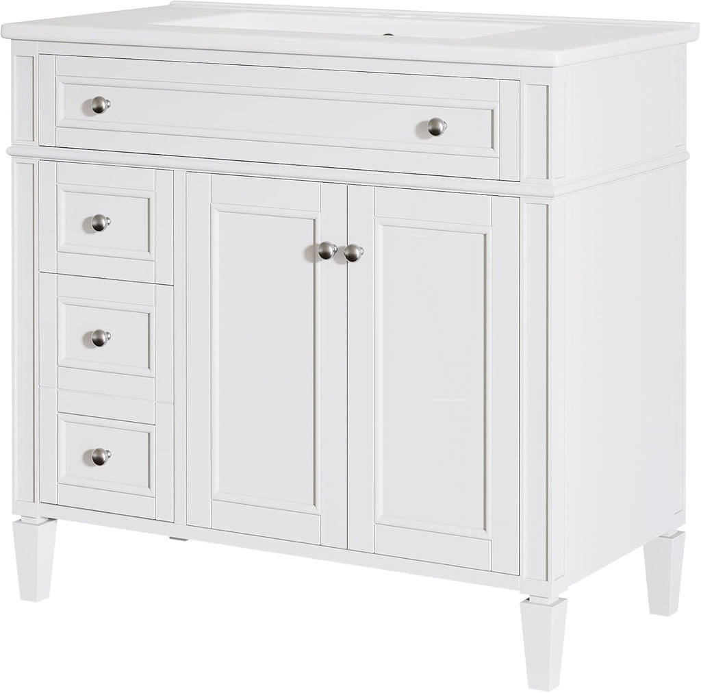 Tribesigns 36" Bathroom Vanity with Sink, Modern Bathroom Sink Cabinet with 4 Drawers & 2 Doors, Bath Storage Vanity Sink with Metal Handles, Solid Wood Frame, Paint Surface White