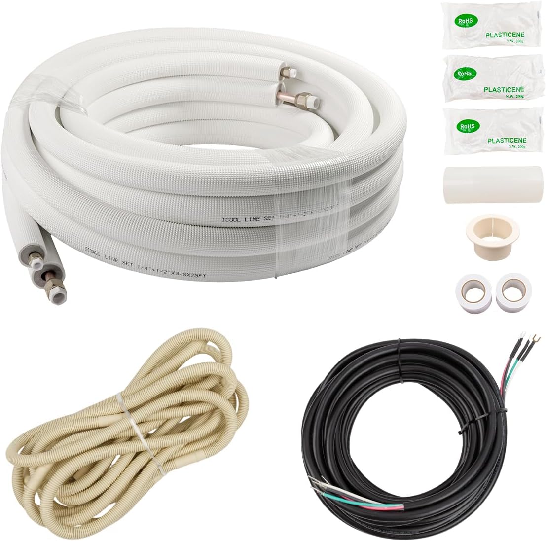 Wostore 25 Ft. Line Set 1/4&3/8 Inch 3/8" PE for Mini Split Air Conditioner Copper Pipes Insulated Coil HVAC with Fittings