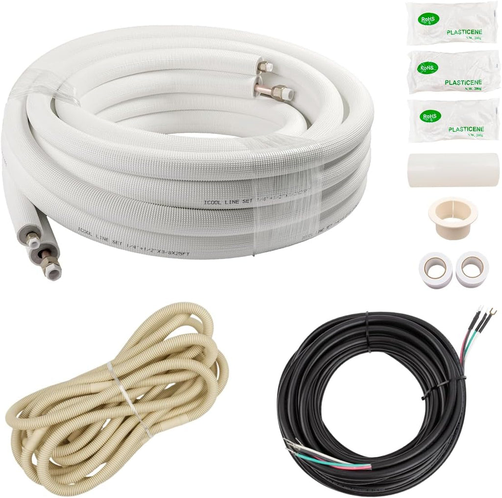 Wostore 25 Ft. Line Set 1/4&3/8 Inch 3/8" PE for Mini Split Air Conditioner Copper Pipes Insulated Coil HVAC with Fittings