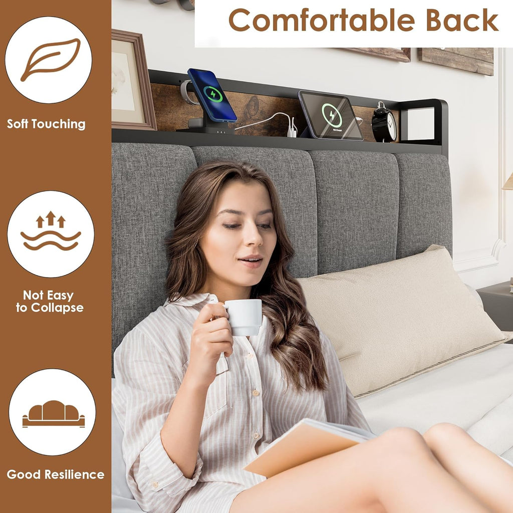 GAOMON Twin Size Bed Frame with 2 Storage Drawers and Charging Station, Rustic Linen Upholstered Platform Bedframe with Storage Headboard, Heavy Duty, No Box Spring Needed, Easy Assembly, Noise Free