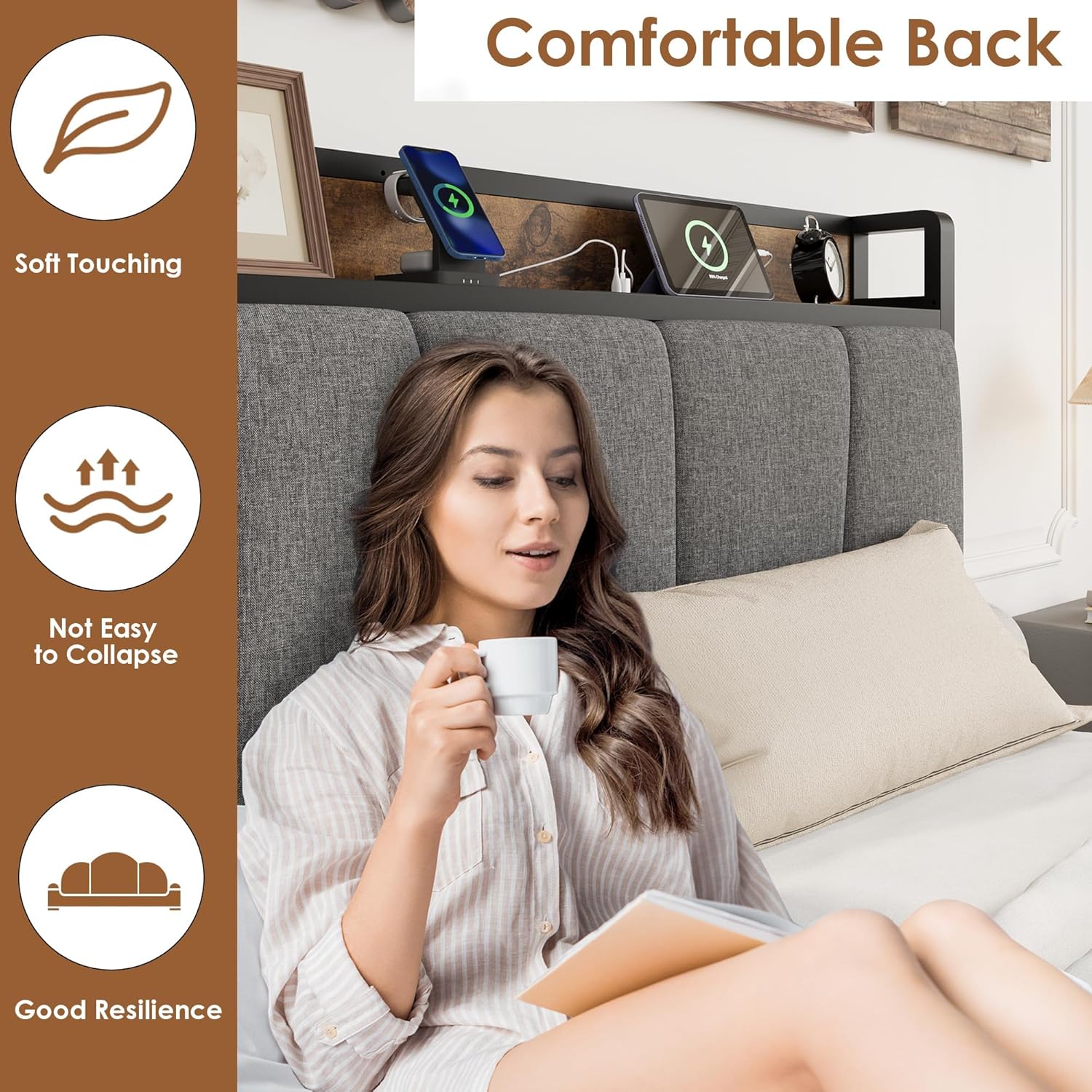 GAOMON Twin Size Bed Frame with 2 Storage Drawers and Charging Station, Rustic Linen Upholstered Platform Bedframe with Storage Headboard, Heavy Duty, No Box Spring Needed, Easy Assembly, Noise Free