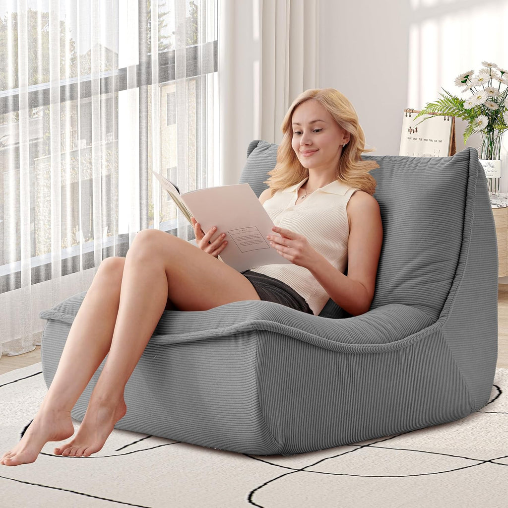 Bean Bag Chair for Adults, Single Lounge Chair with Lumbar Pillow, Comfy Floor Sofa with High-Resilience Foam, Lazy Accent Chair for Living Room, Bedroom, Apartment, Or Reading Corner, Gray