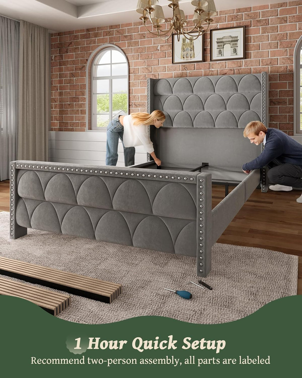 OHOHOLIVE Queen Size Bed Frame with 56" Headboard - Velvet Upholstered Wingback Platform Bed Frame, Noise Free, Sturdy Wooden Slat Support (Deep Gray, Queen)